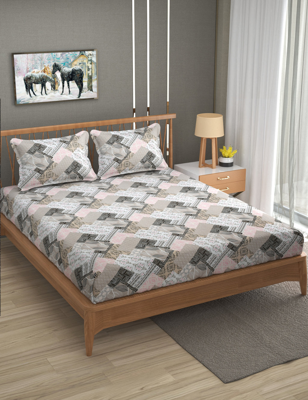 Furnofy Premium Printed Double Bedsheet (90x100 Inches) with 2 Pillow Covers (Flat, Geometric) - Pink & Grey