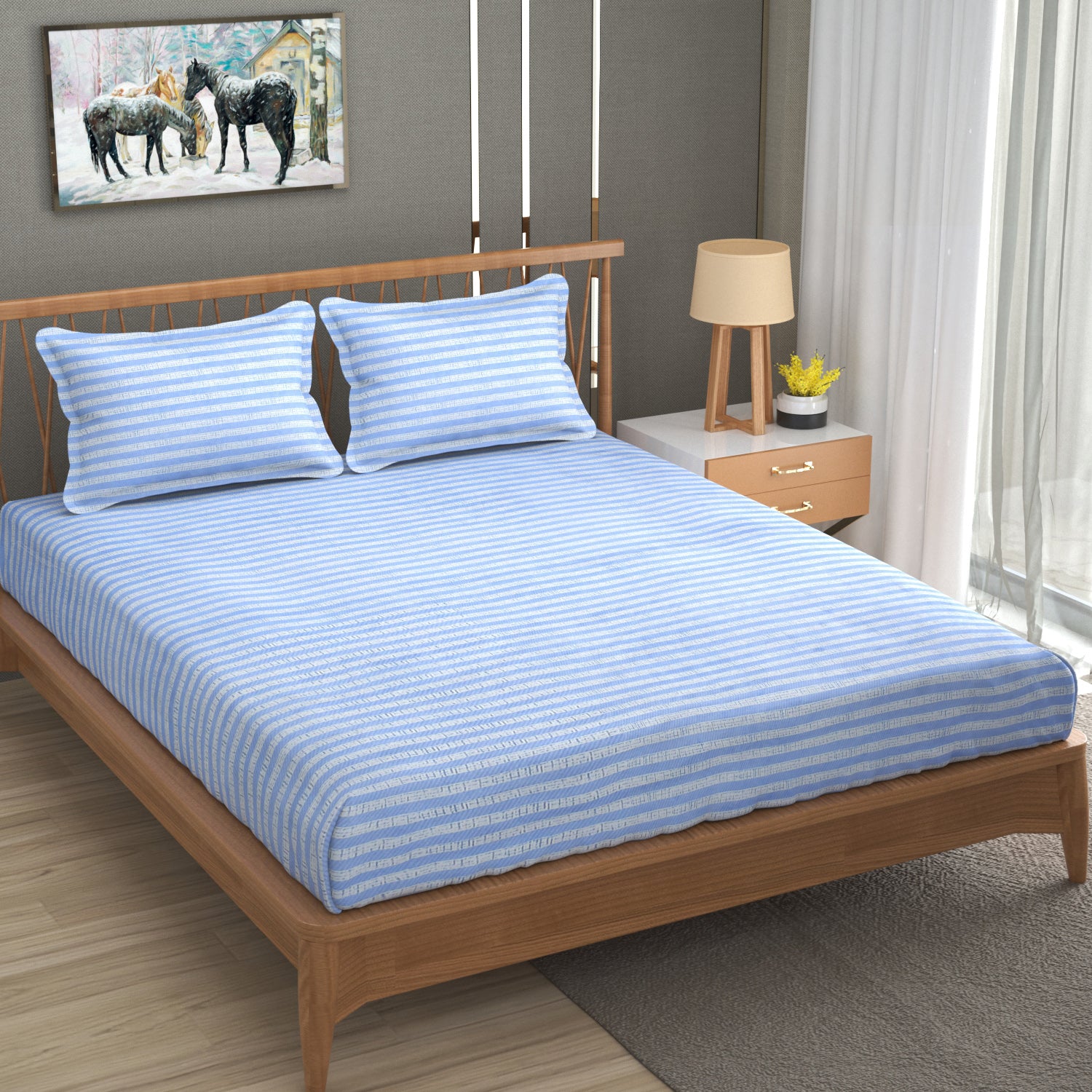 Furnofy 140 GSM Fitted  Double Bedsheet (78"x72" + 6" Pocket Size) with 2 Pillow Covers (18x27 inches) - Abstract, Blue