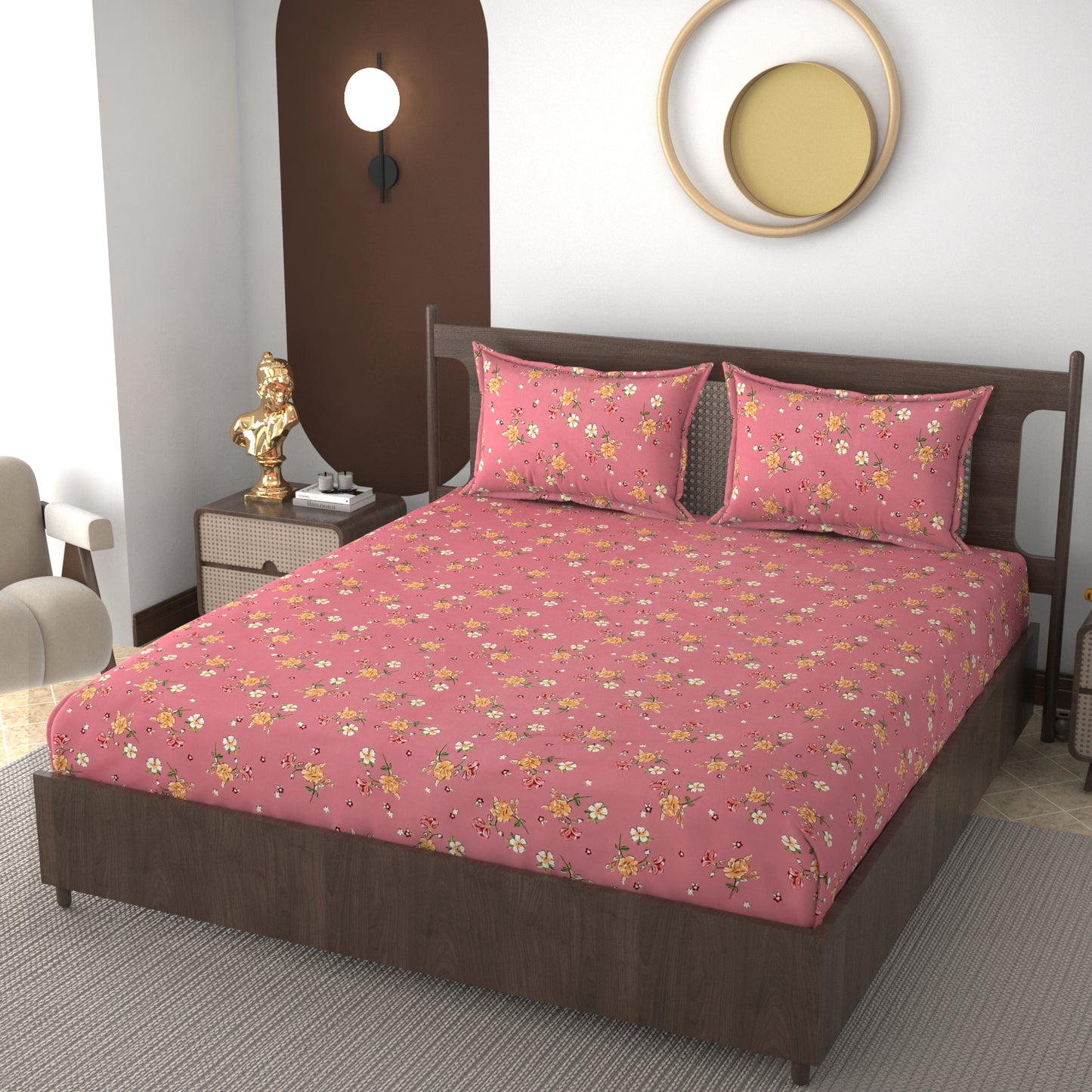 Furnofy 140 GSM Flat Double Bedsheet (90x100 inches) with 2 Pillow Covers (18x 27 inches) - Floral Multicolors