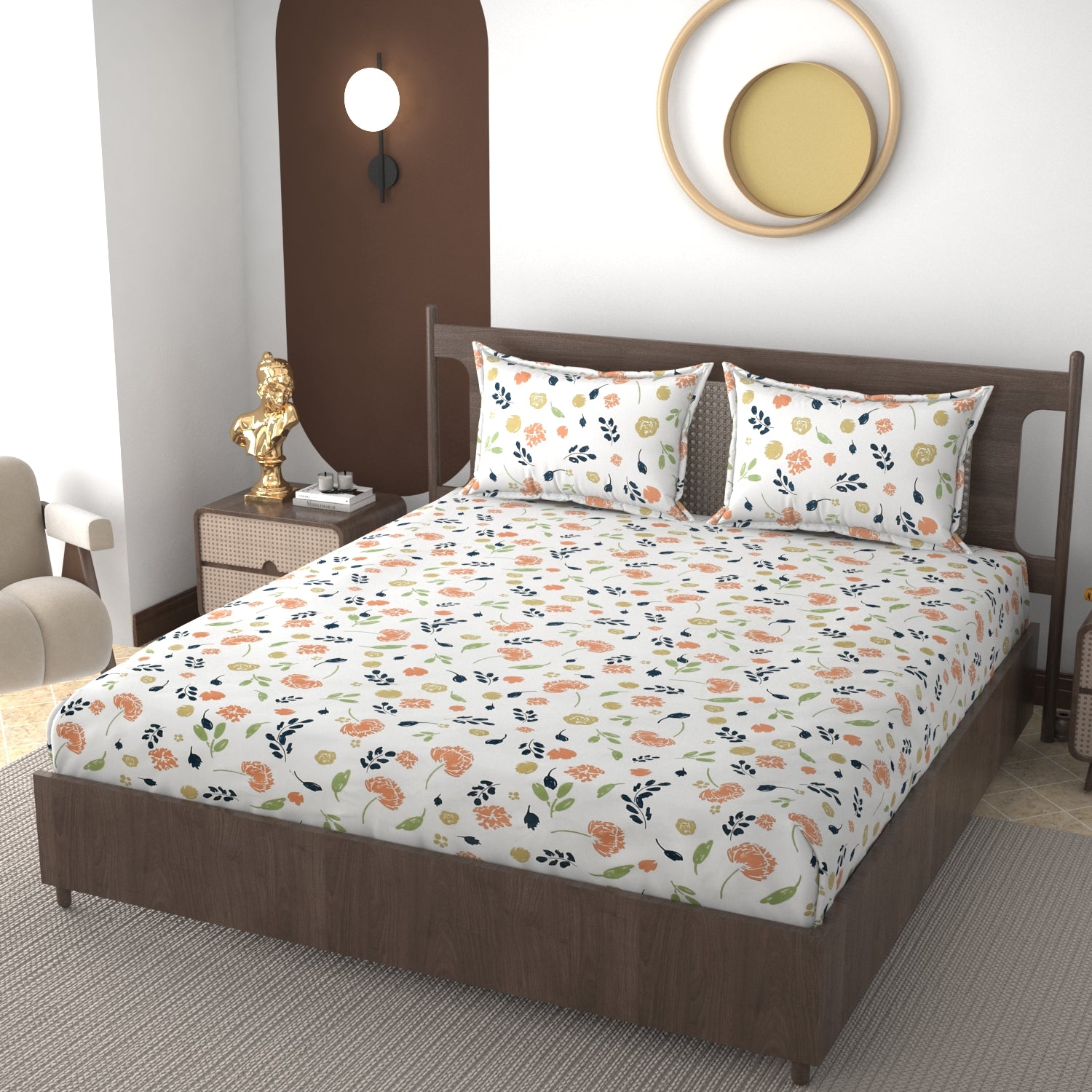 Furnofy 140 GSM Fitted  Double Bedsheet (78"x72" + 6" Pocket Size) with 2 Pillow Covers (18x27 inches)