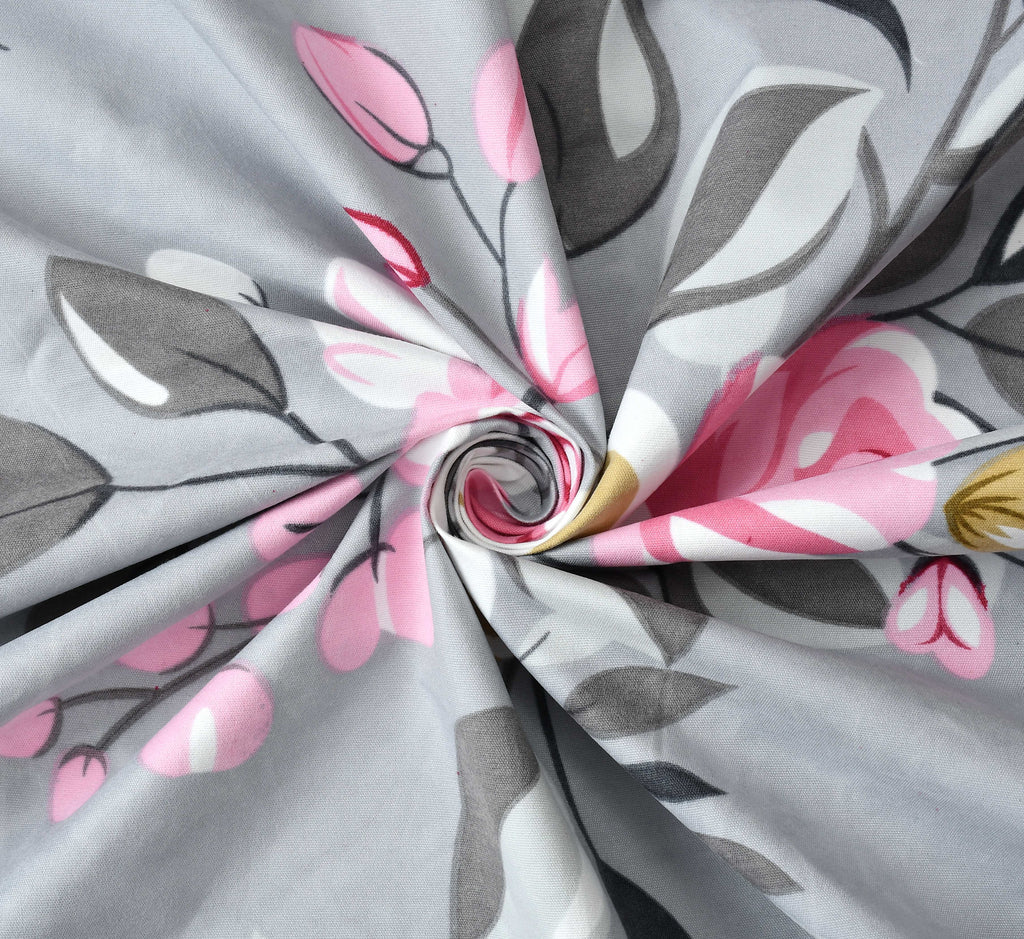 Furnofy Premium Fitted Double Bedsheet with 2 Pillow Covers (L-78" x B-72" + 6" Pocket) - Fitted, Grey and Pink - Floral