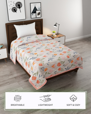Furnofy 200 GSM Premium Single Bed Reversible Comforter/Quilt (150x220 cm) - Microfiber, Pack of 1, Floral White, Pink