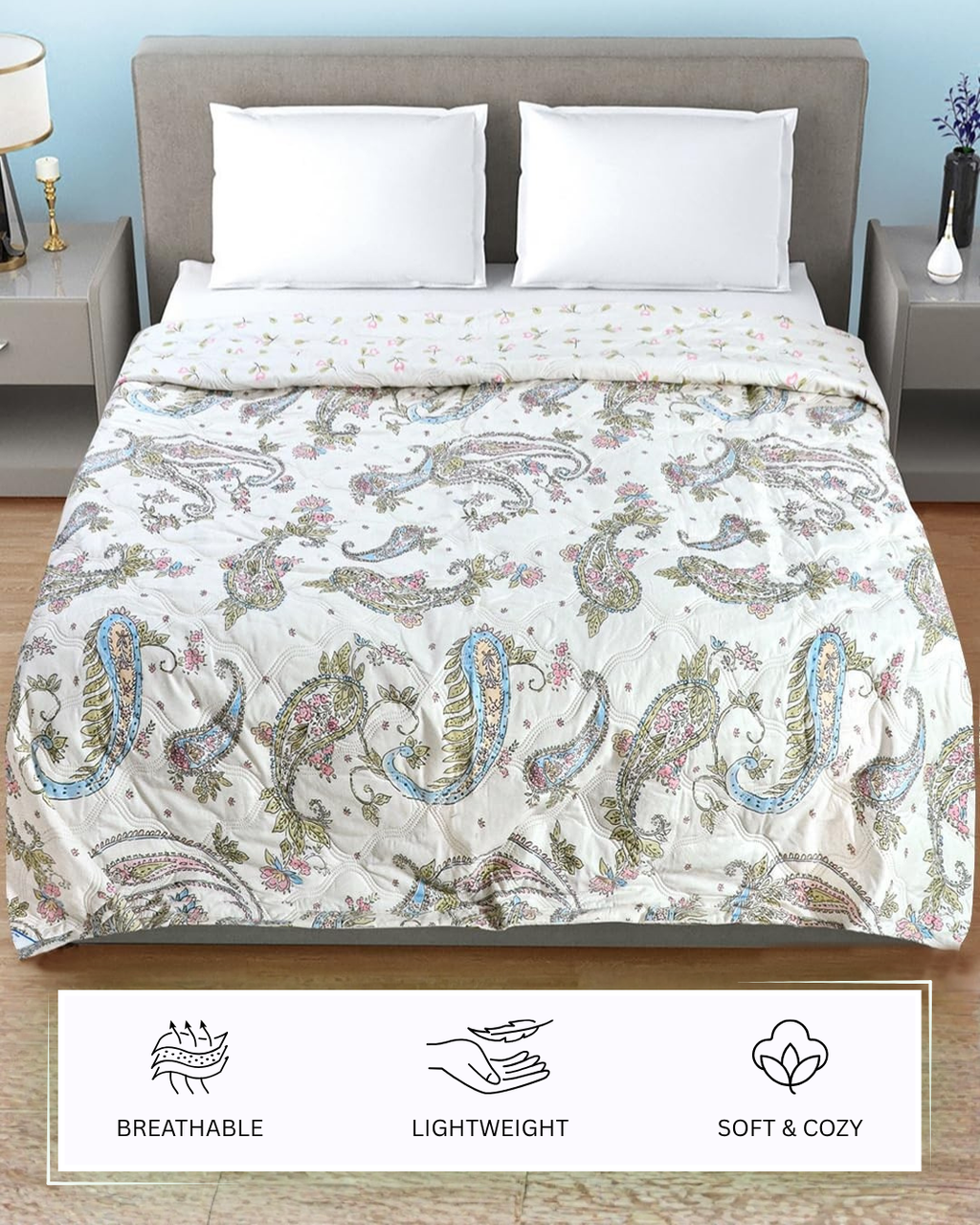 Furnofy 200 GSM Premium Single Bed Reversible Comforter/Quilt (150x220 cm) - Microfiber, Pack of 1, Floral White