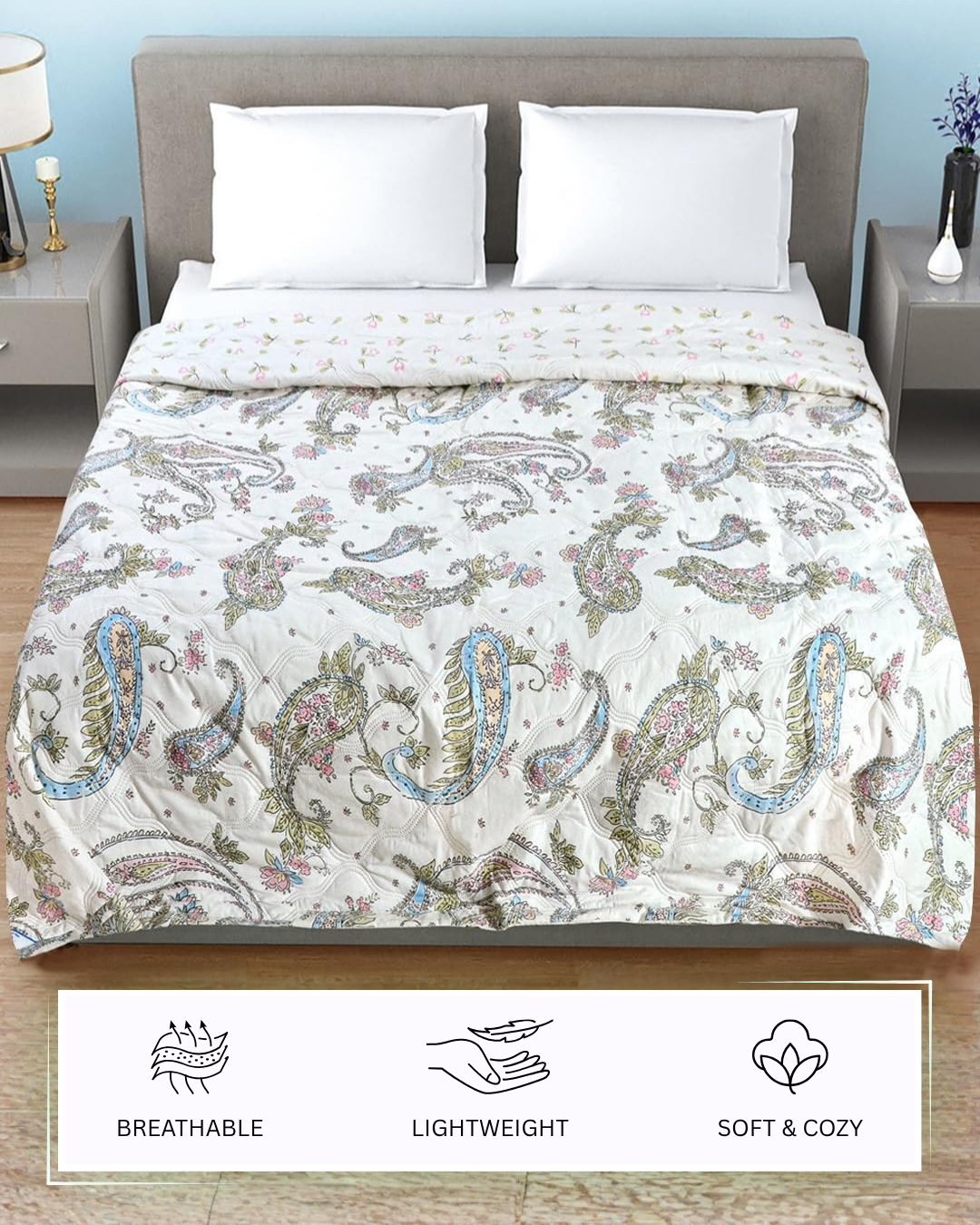 Furnofy 200 GSM Premium Single Bed Reversible Comforter/Quilt (150x220 cm) - Microfiber, Pack of 1, Floral White