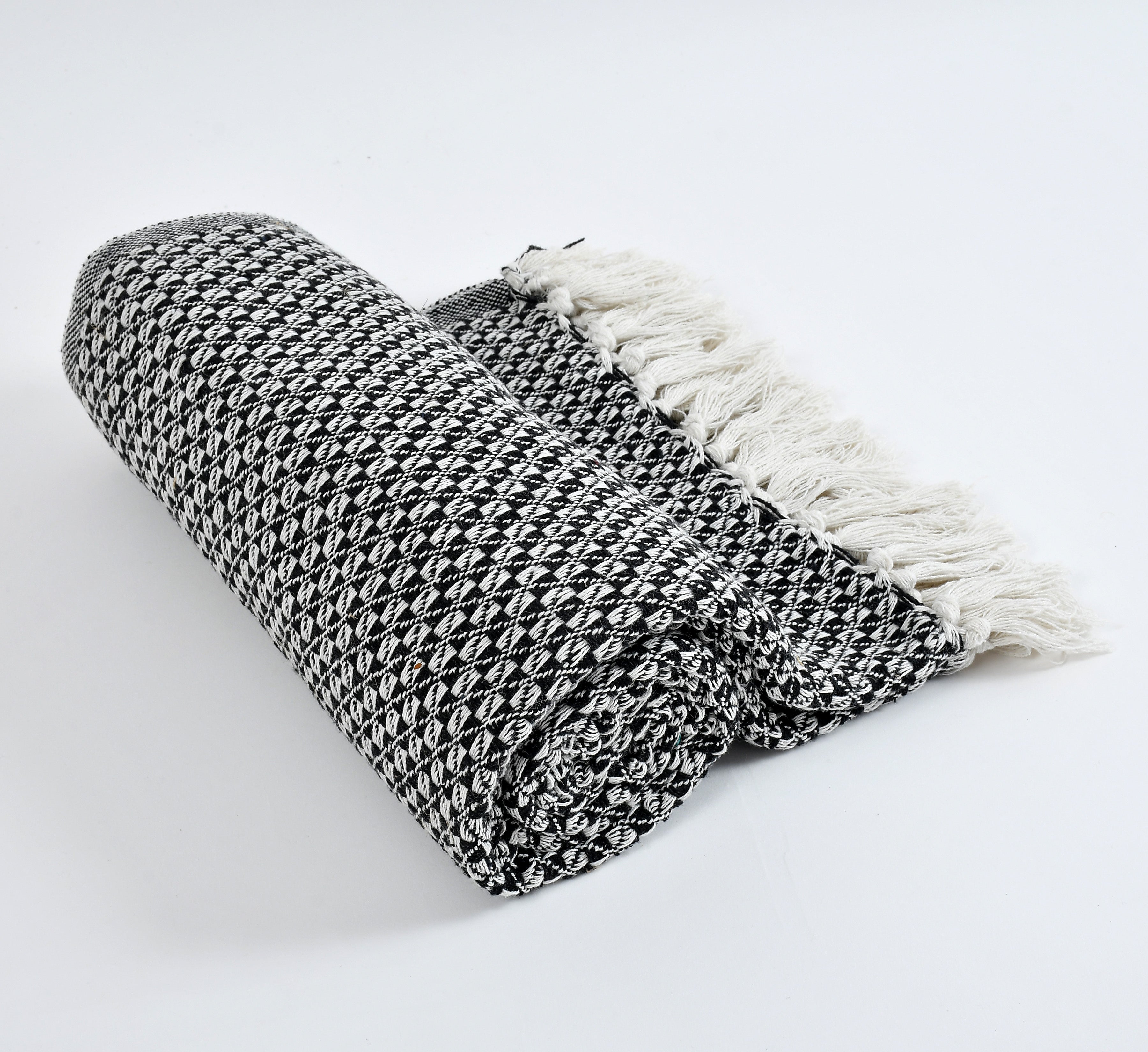 Furnofy Cotton Hand Knitted Throw Diamond Design Blanket (50 x 60 Inches), Black & White