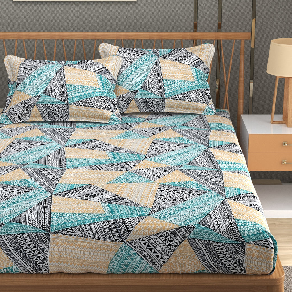 Furnofy Premium Printed Double Bedsheet (90x100 Inches) with 2 Pillow Covers (Gift Set)- Flat, Multicolor - Geometric