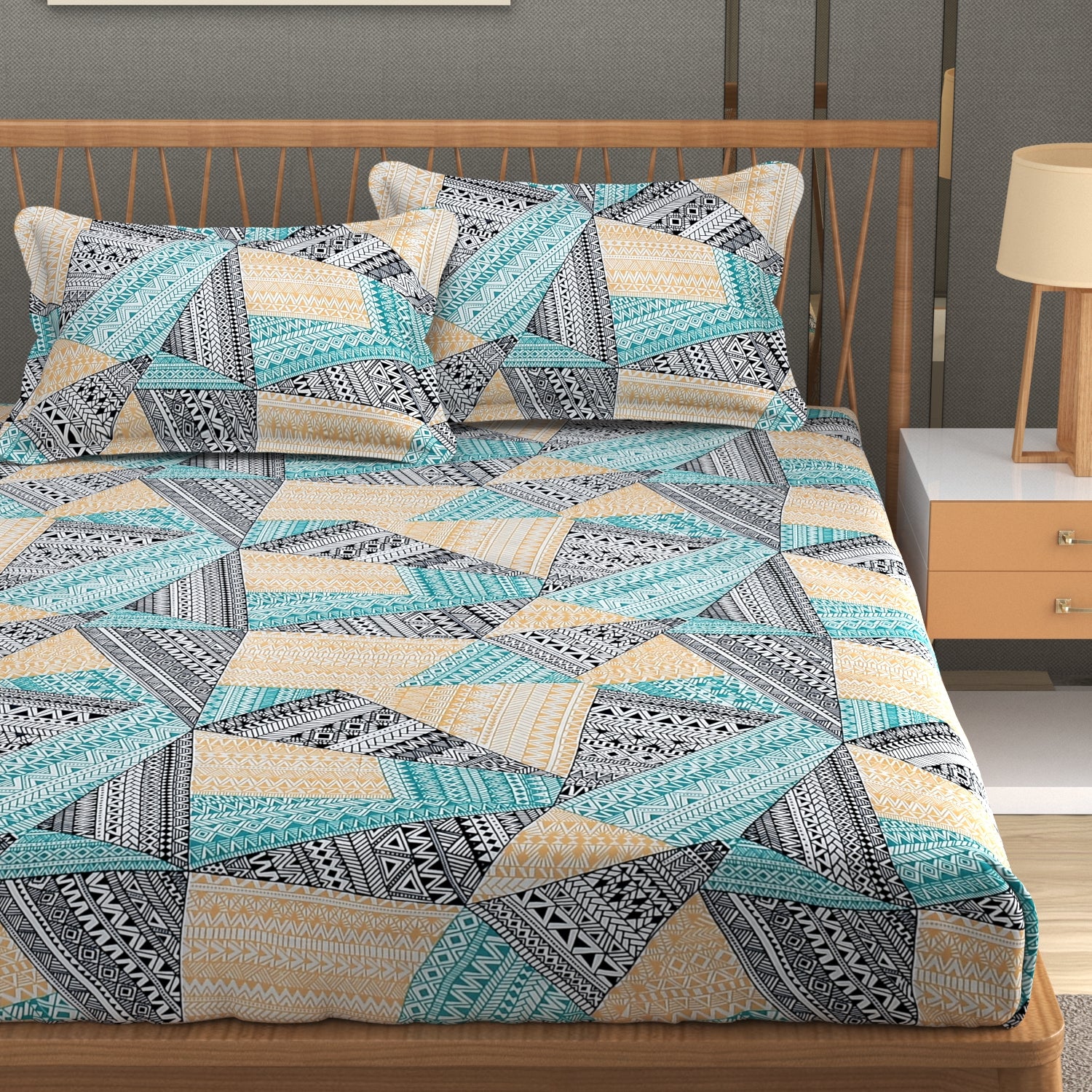 Furnofy Premium Printed Double Bedsheet (90x100 Inches) with 2 Pillow Covers (Gift Set)- Flat, Multicolor - Geometric
