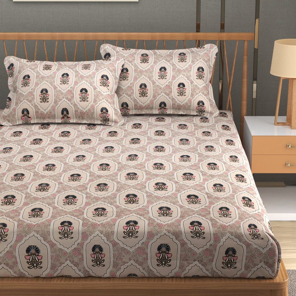 Furnofy Super Premium Printed King Bedsheet (108x108 Inches) with 2 Pillow Covers (Gift Set)- Flat, Cream/Neutral
