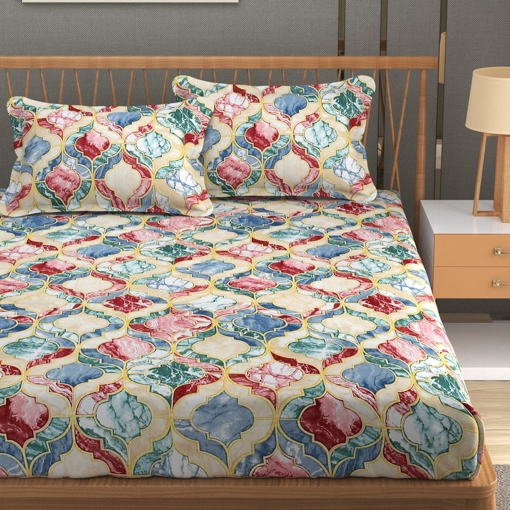 Furnofy Premium Printed Double Bedsheet (90x100 Inches) with 2 Pillow Covers (Gift Set)- Flat, Multicolor - Stone Print