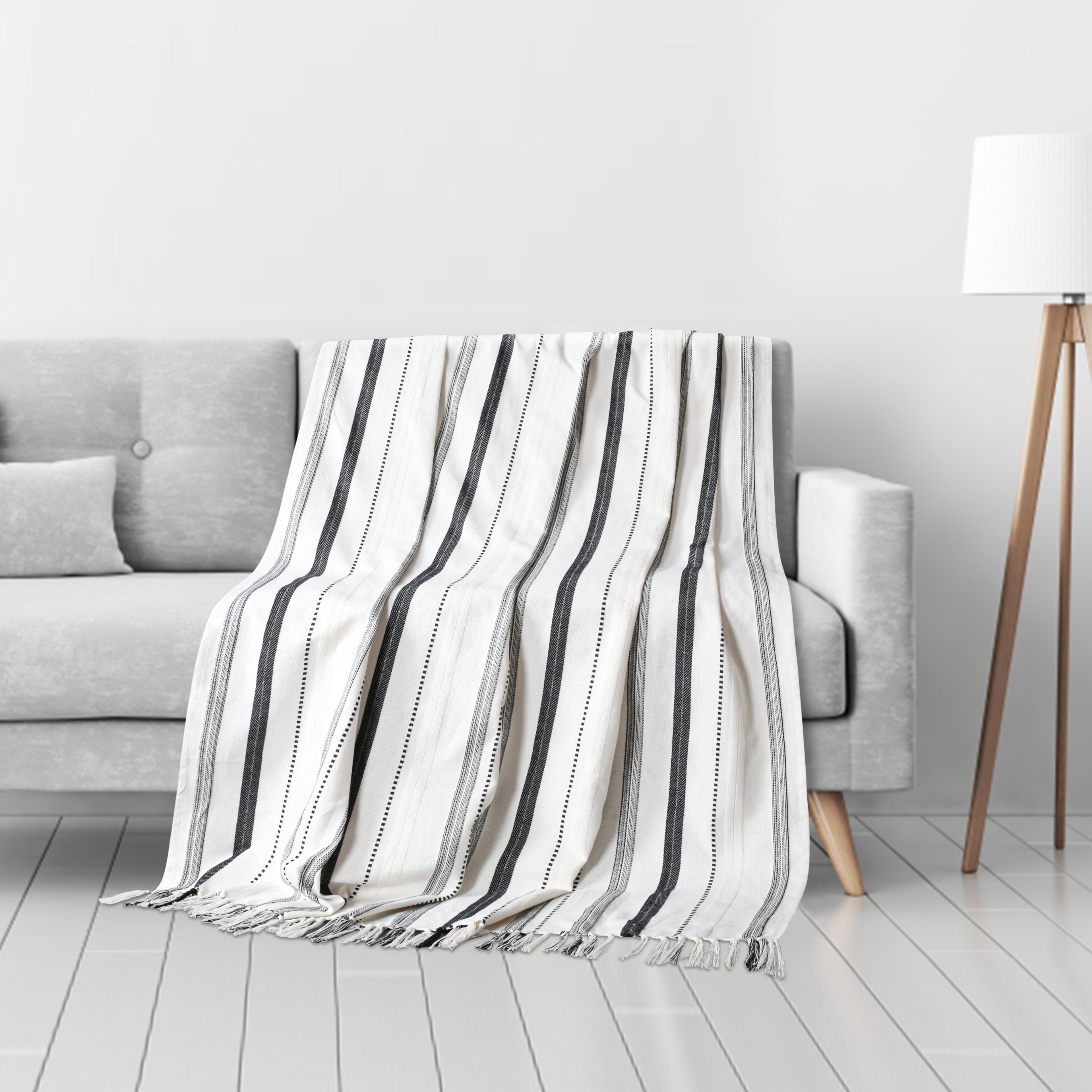 Furnofy Cotton Sofa Throws for Home Decor (127 x 152) Cms - White Stripe