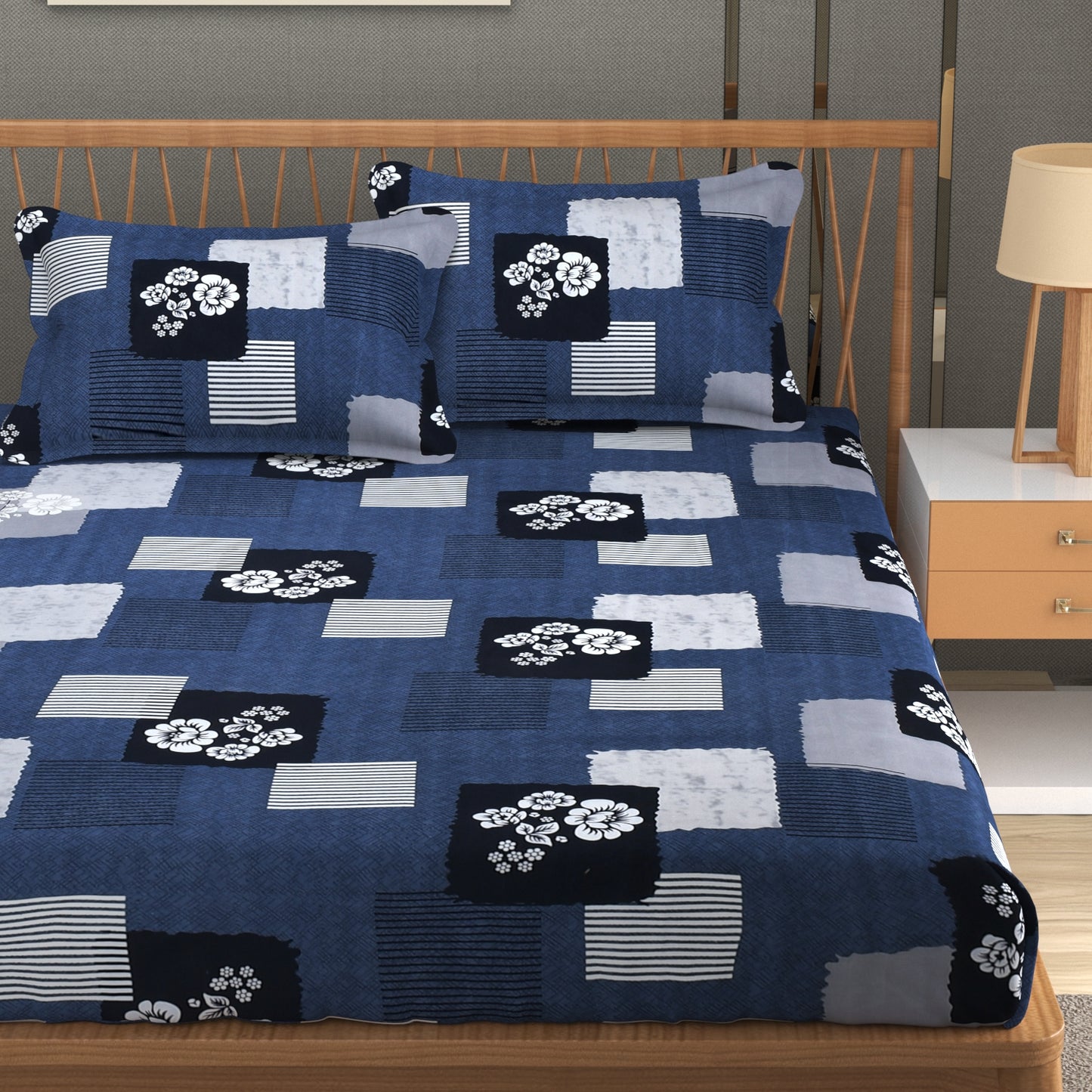 Furnofy Super Premium Printed King Bedsheet (108x108 Inches) with 2 Pillow Covers (Gift Set) - Flat, Blue & Black