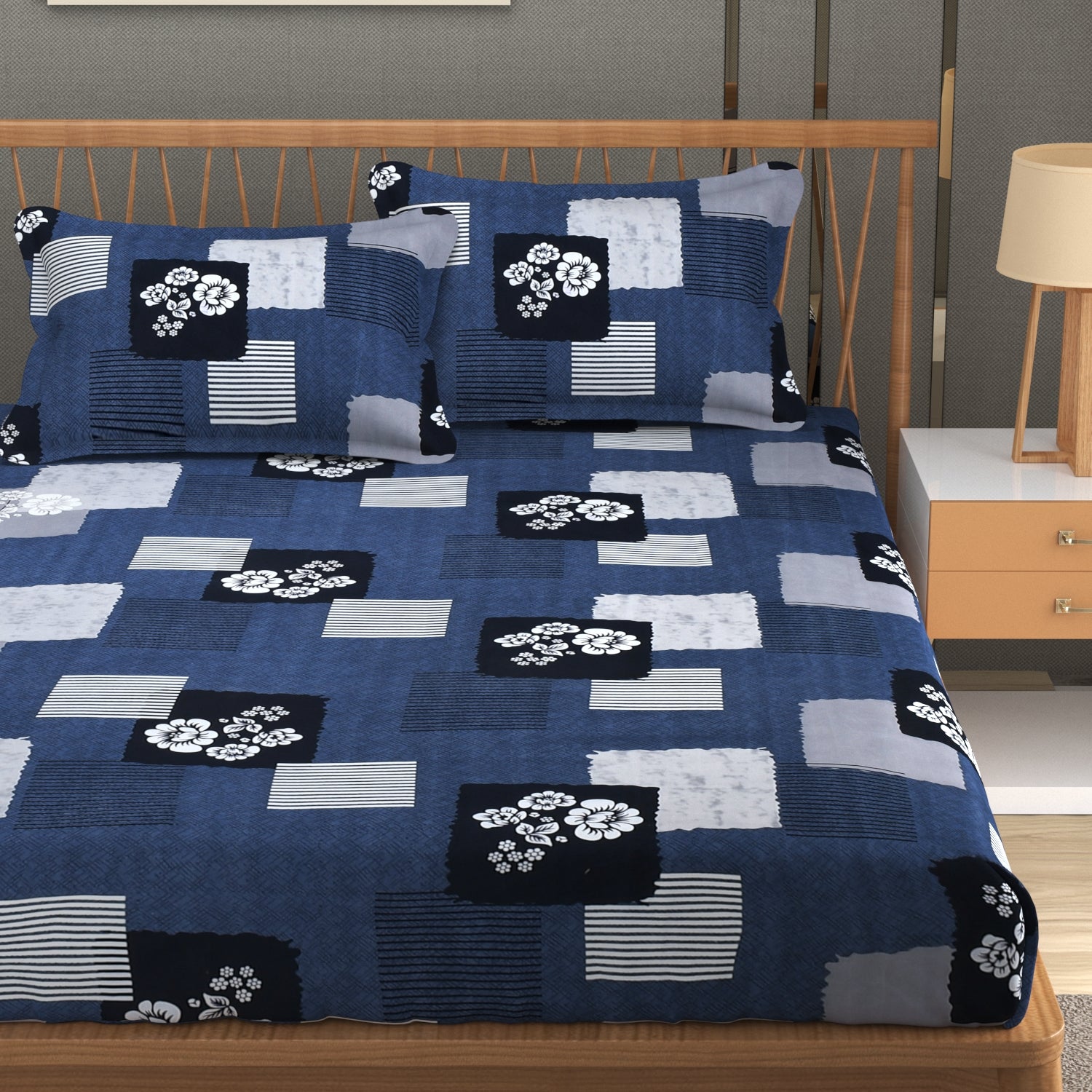 Furnofy Super Premium Printed King Bedsheet (108x108 Inches) with 2 Pillow Covers (Gift Set) - Flat, Blue & Black
