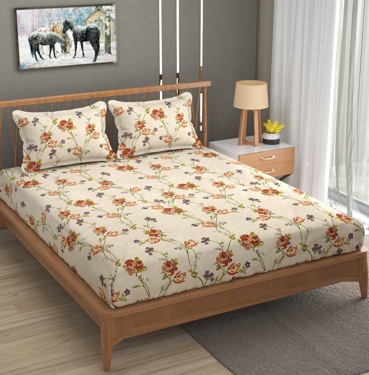 Furnofy 140 GSM Fitted Bedsheet (L-78 x B-72 + 6" Pocket) with 2 Pillow Covers - Fitted, Floral Print, Soft & Stretchable