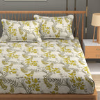 Furnofy Premium Printed Double Bedsheet (90x100 Inches) with 2 Pillow Covers (Gift Set) - Flat, Cream & Green- Floral