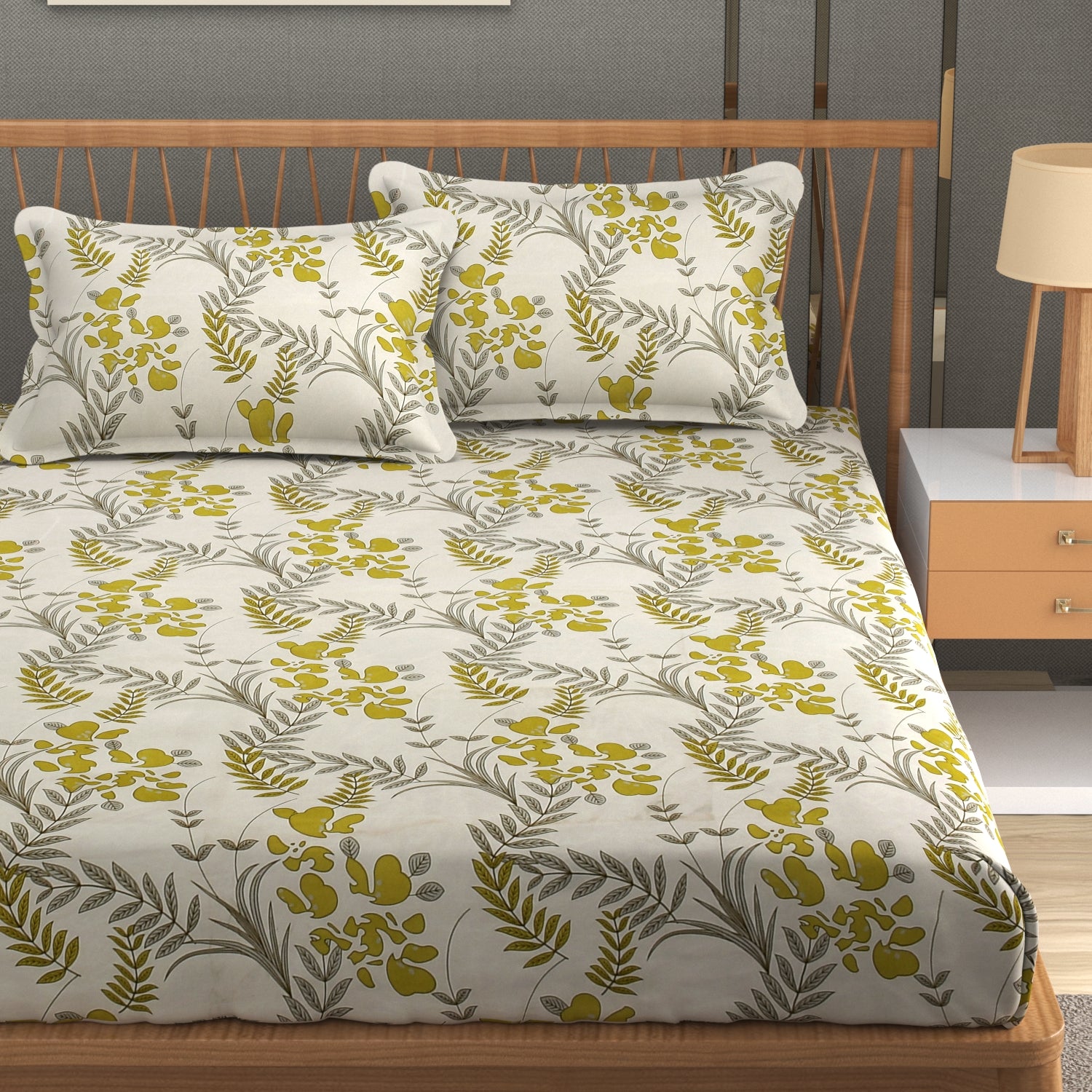 Furnofy Premium Printed Double Bedsheet (90x100 Inches) with 2 Pillow Covers (Gift Set) - Flat, Cream & Green- Floral