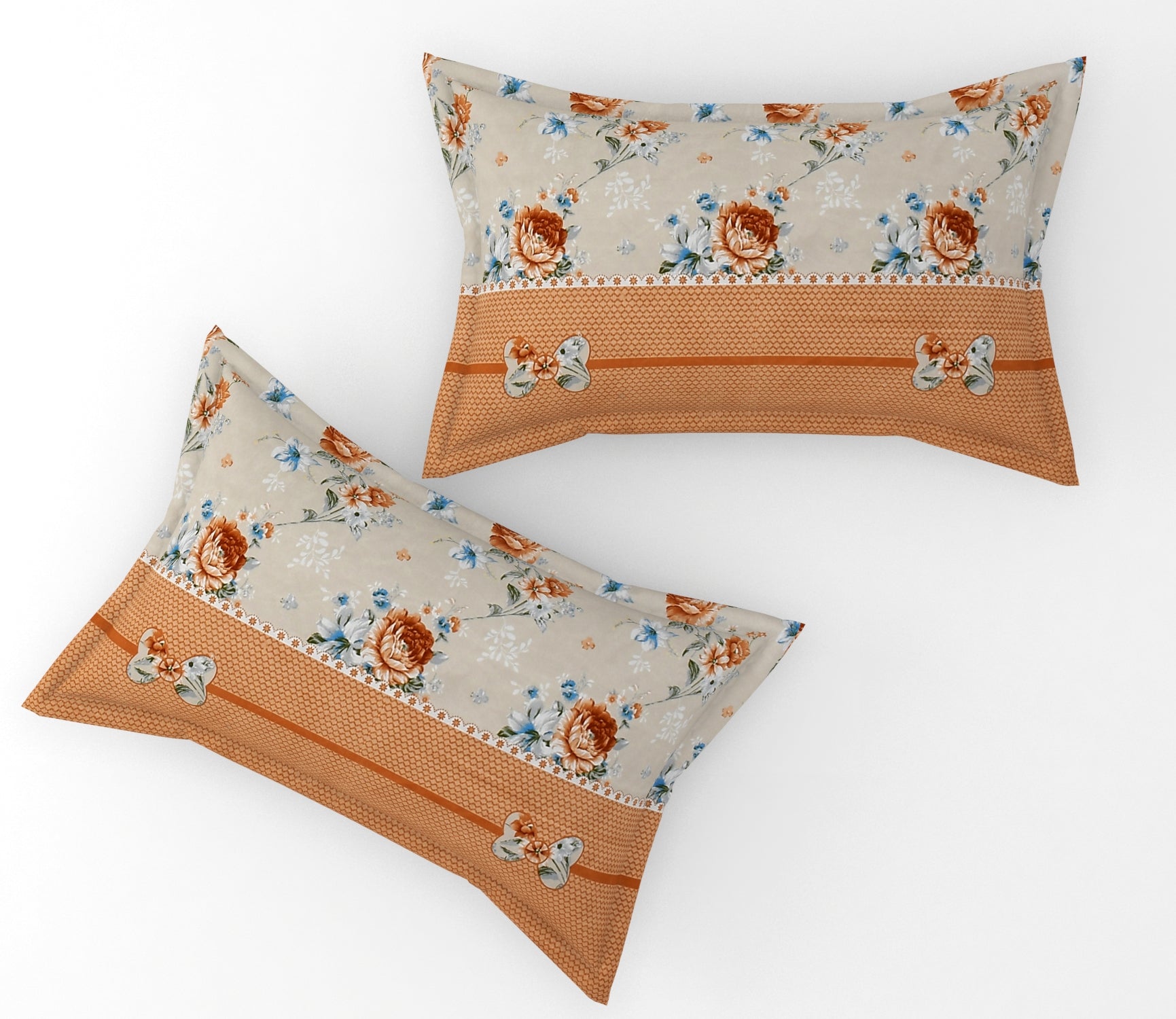 Furnofy Premium Printed Double Bedsheet (90x100 Inches) with 2 Pillow Covers (Flat, Floral) - Peach and Beige