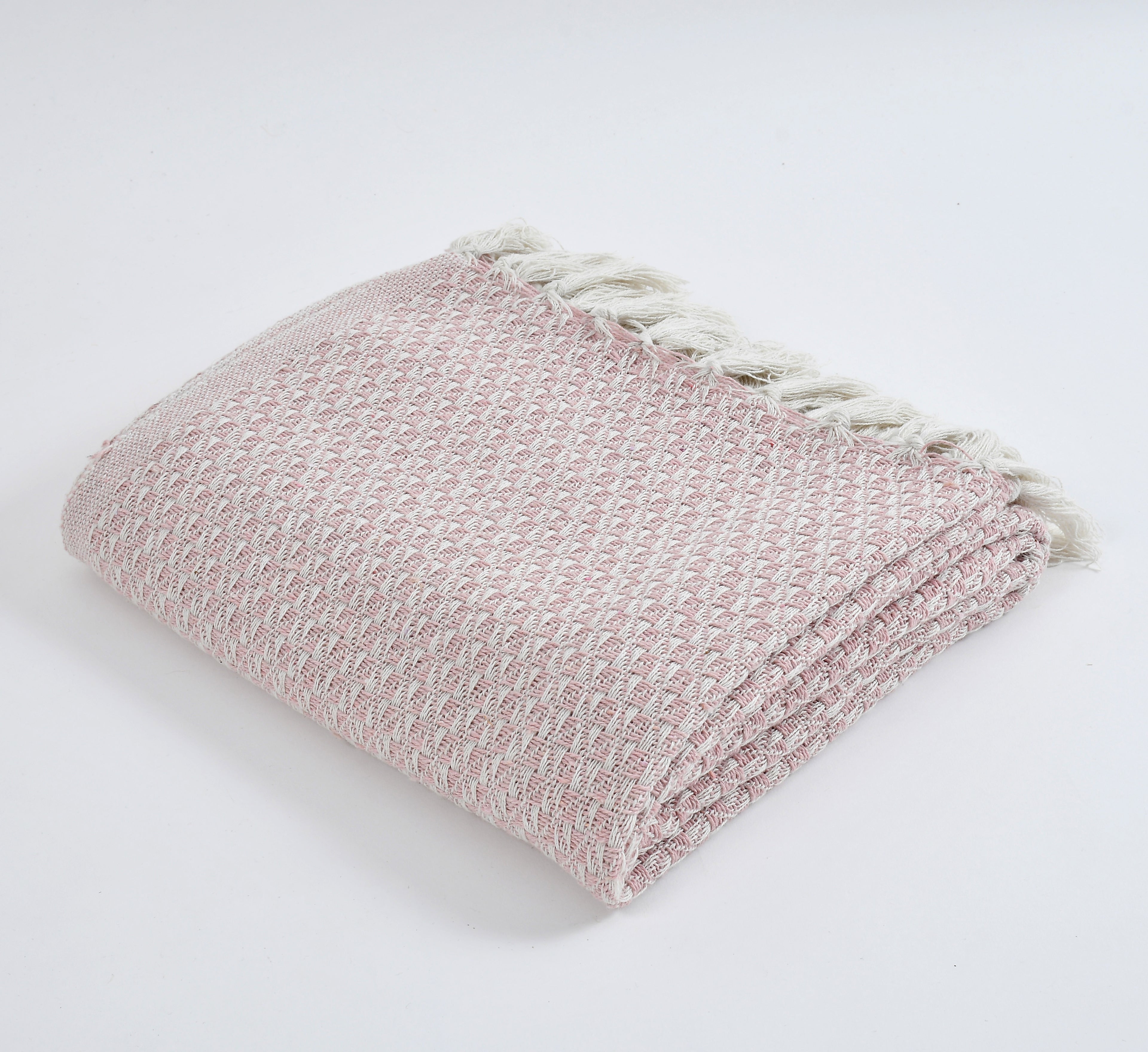 Furnofy Cotton Hand Knitted Throw Blanket (50 x 60 Inches), Pink