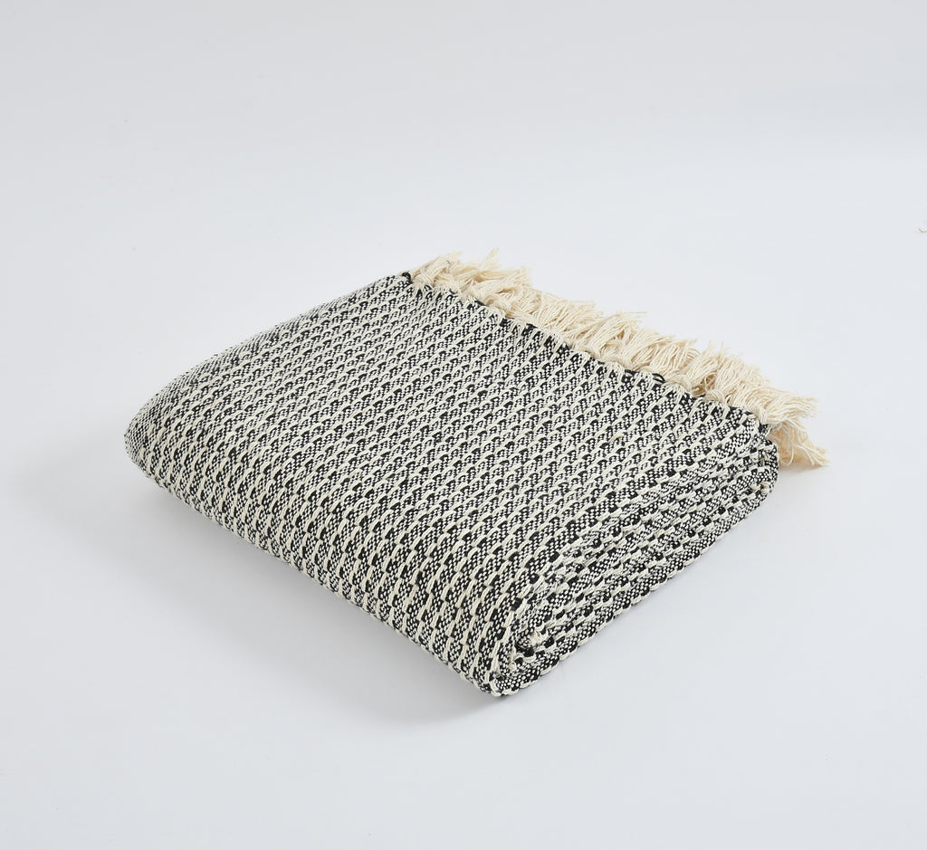 Furnofy Cotton Hand Knitted Throw Blanket (50 x 60 Inches), Black & White