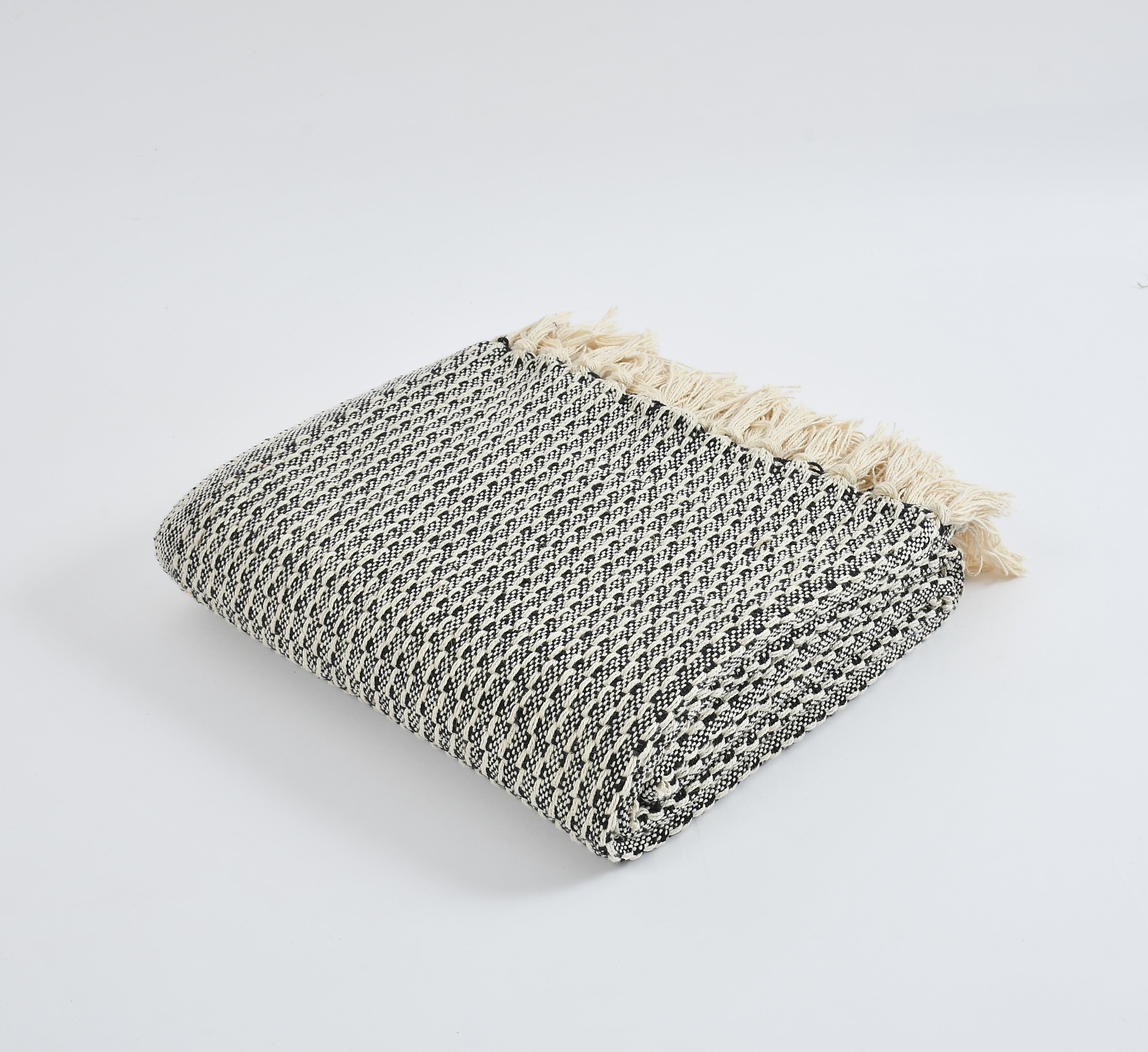 Furnofy Cotton Hand Knitted Throw Blanket (50 x 60 Inches), Black & White