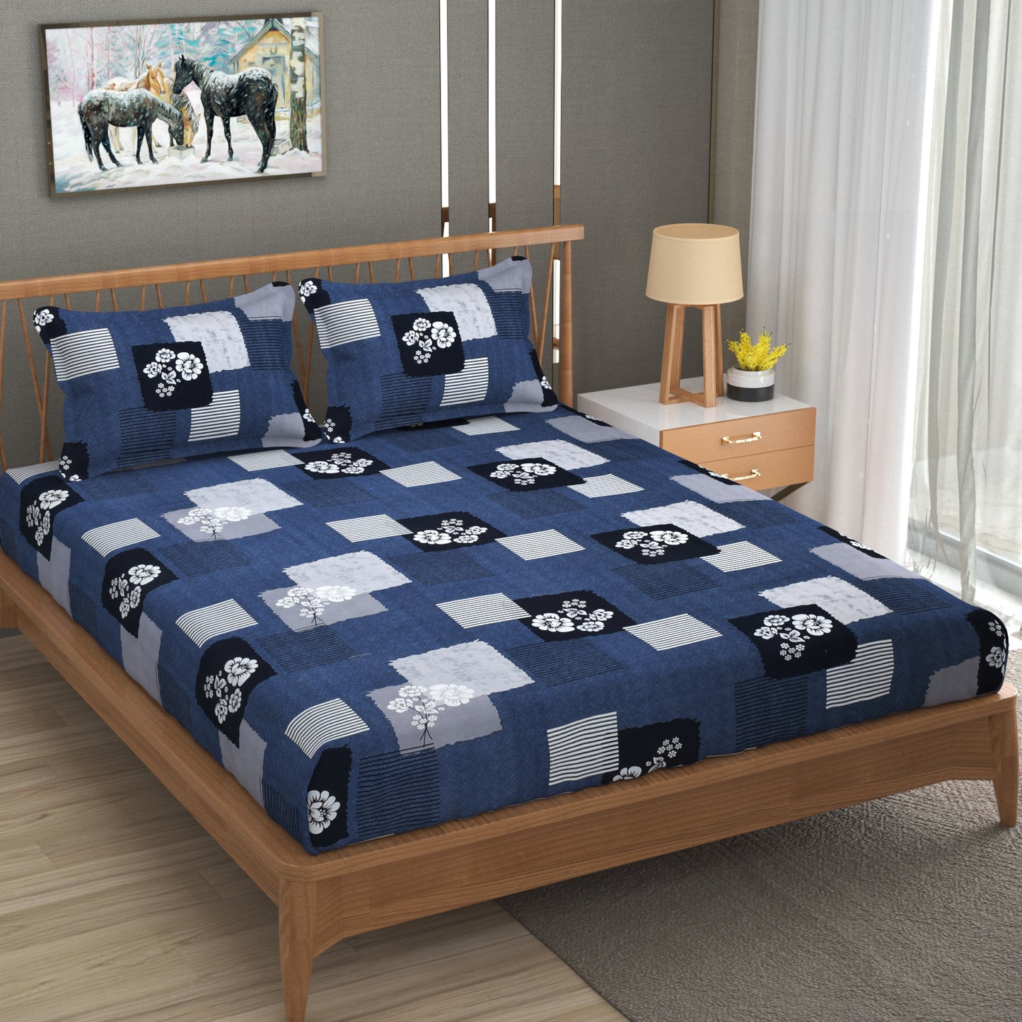 Furnofy Super Premium Printed King Bedsheet (108x108 Inches) with 2 Pillow Covers (Gift Set) - Flat, Blue & Black