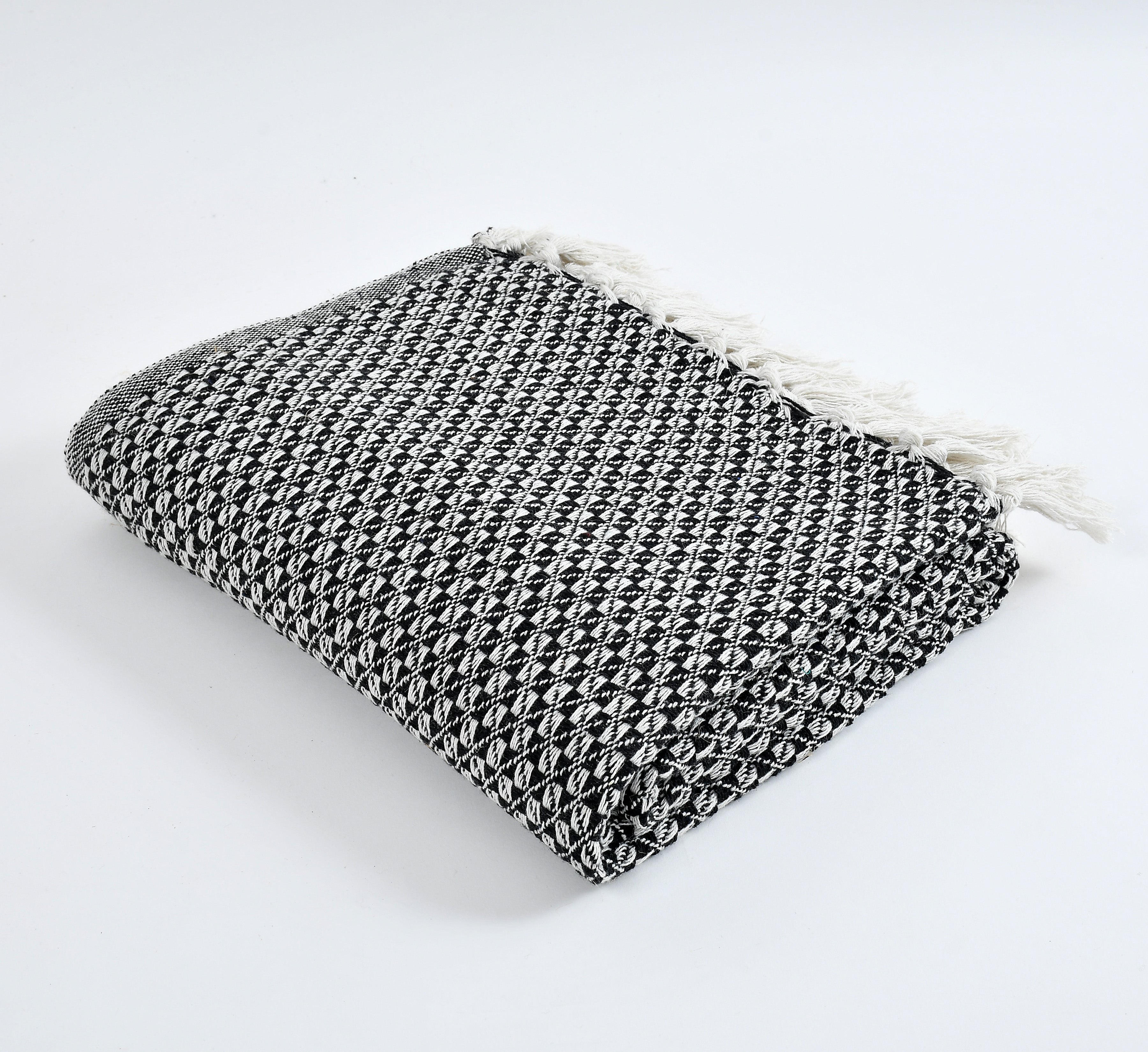 Furnofy Cotton Hand Knitted Throw Diamond Design Blanket (50 x 60 Inches), Black & White