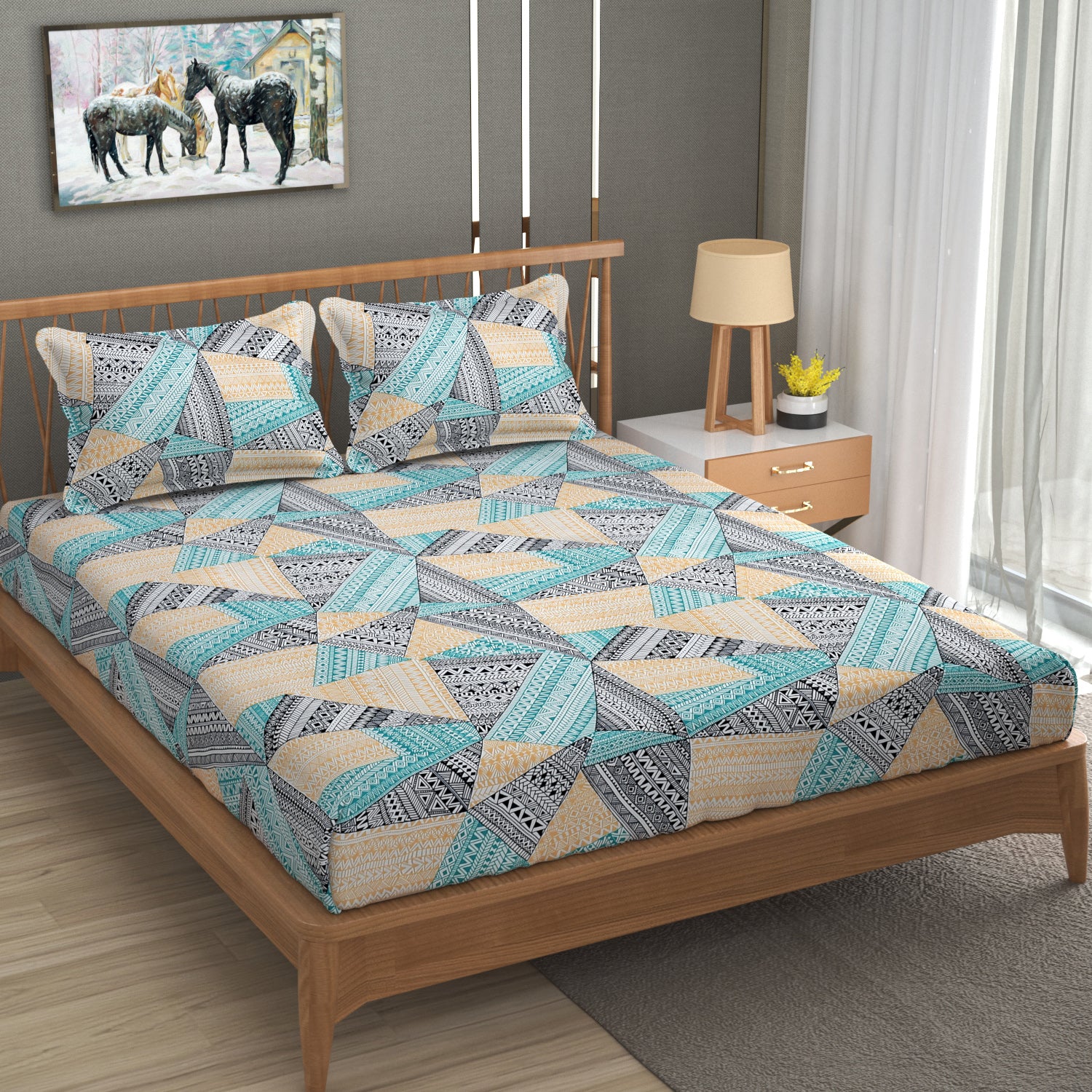 Furnofy Premium Printed Double Bedsheet (90x100 Inches) with 2 Pillow Covers (Gift Set)- Flat, Multicolor - Geometric