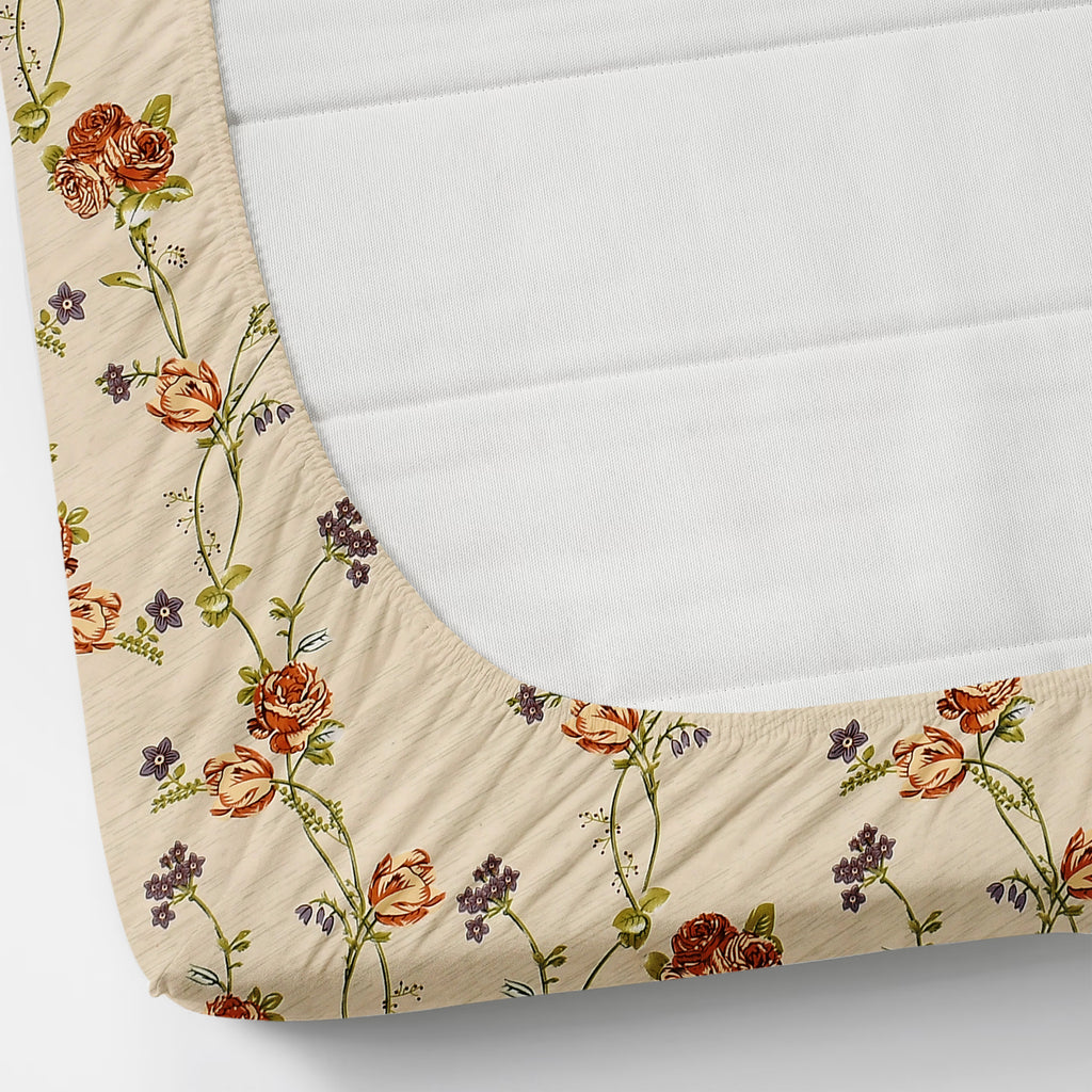 Furnofy 140 GSM Fitted Bedsheet (L-78 x B-72 + 6" Pocket) with 2 Pillow Covers - Fitted, Floral Print, Soft & Stretchable