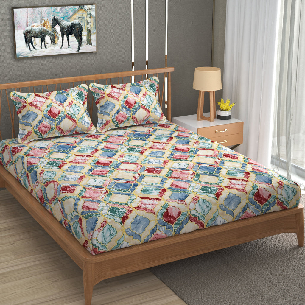 Furnofy Premium Printed Double Bedsheet (90x100 Inches) with 2 Pillow Covers (Gift Set)- Flat, Multicolor - Stone Print