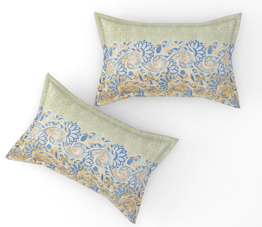 Furnofy Premium Printed Double Bedsheet (90x100 Inches) with 2 Pillow Covers - Flat, Olive Green & Blue - Pattern