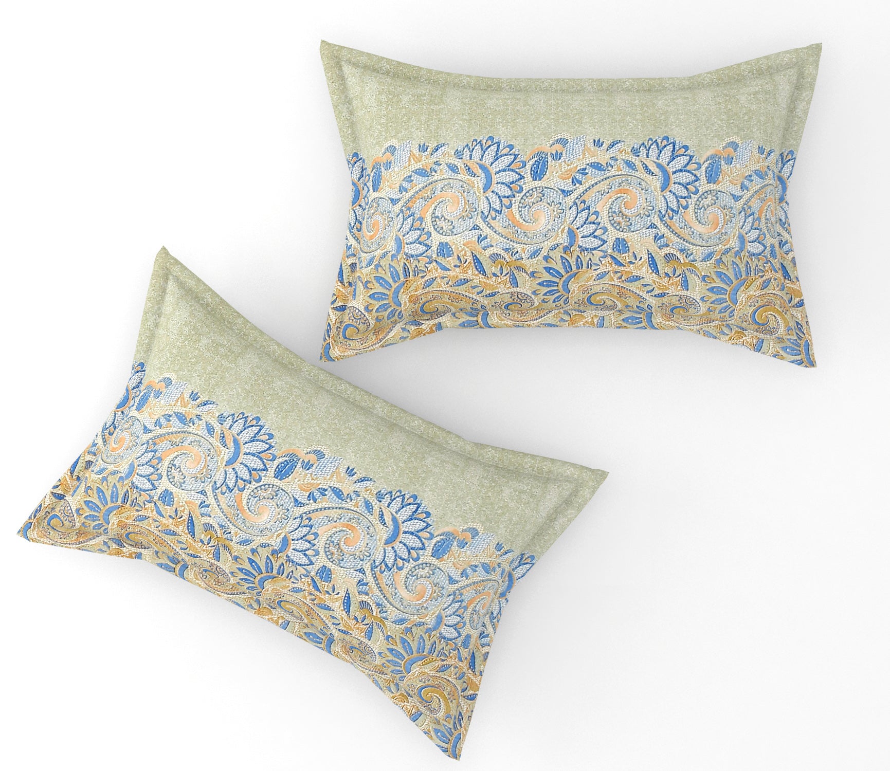 Furnofy Premium Printed Double Bedsheet (90x100 Inches) with 2 Pillow Covers - Flat, Olive Green & Blue - Pattern