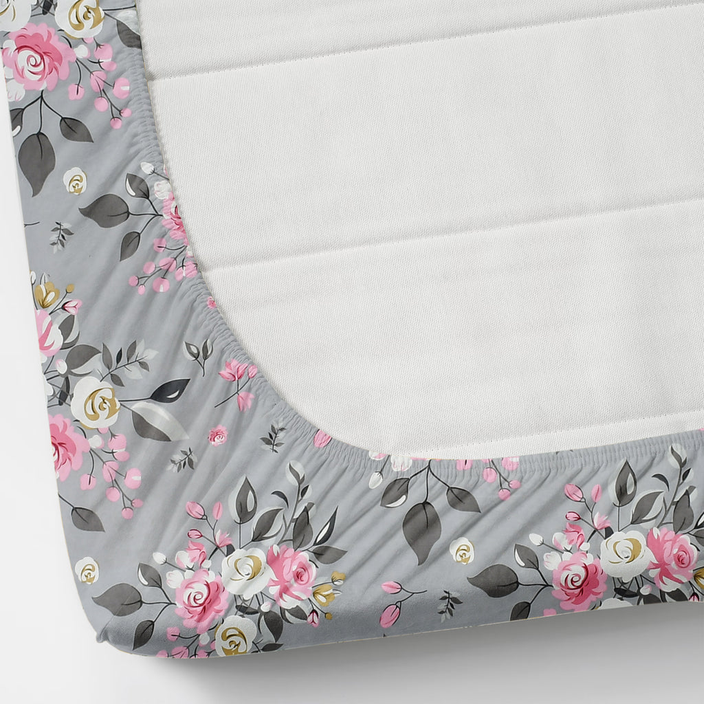 Furnofy Premium Fitted Double Bedsheet with 2 Pillow Covers (L-78" x B-72" + 6" Pocket) - Fitted, Grey and Pink - Floral