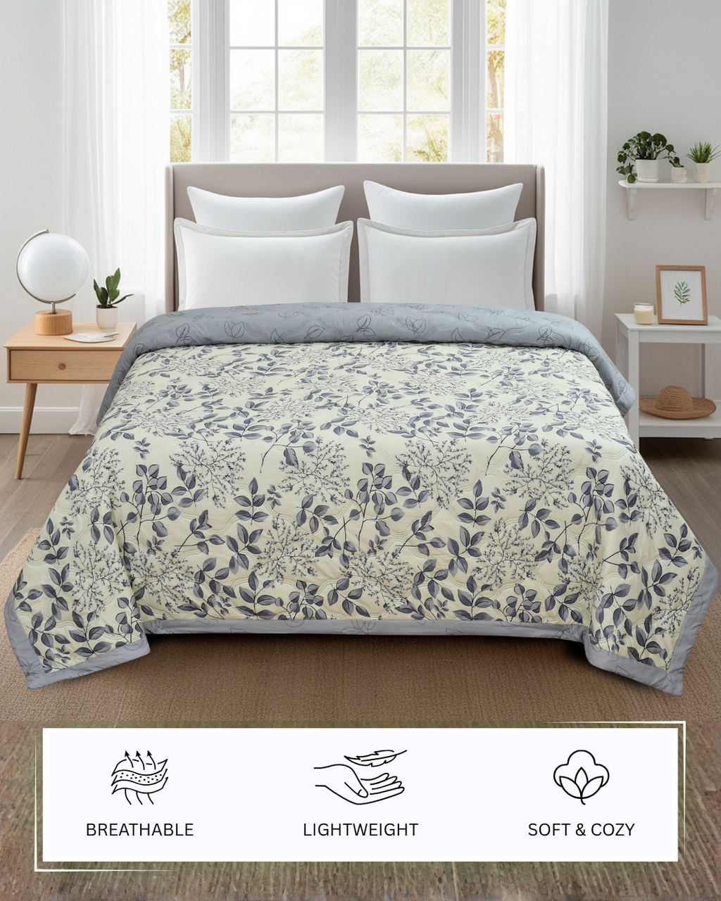 Furnofy 200 GSM Premium King Size Reversible Comforter/Quilt (220x224 cm) - Microfiber, Pack of 1, Floral White