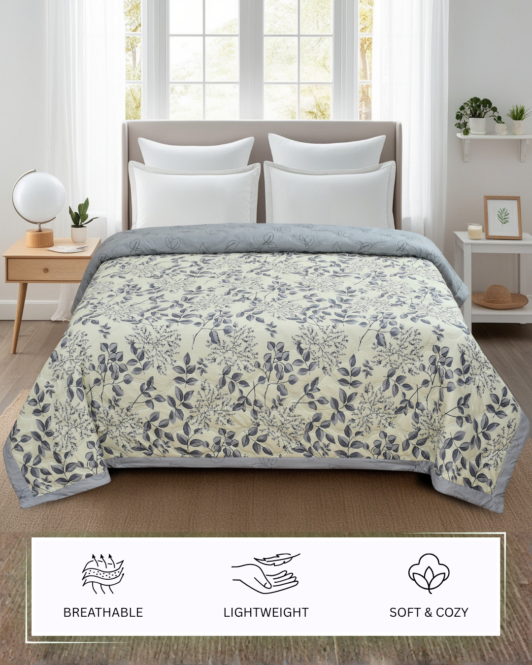 Furnofy 200 GSM Premium King Size Reversible Comforter/Quilt (220x224 cm) - Microfiber, Pack of 1, Floral White