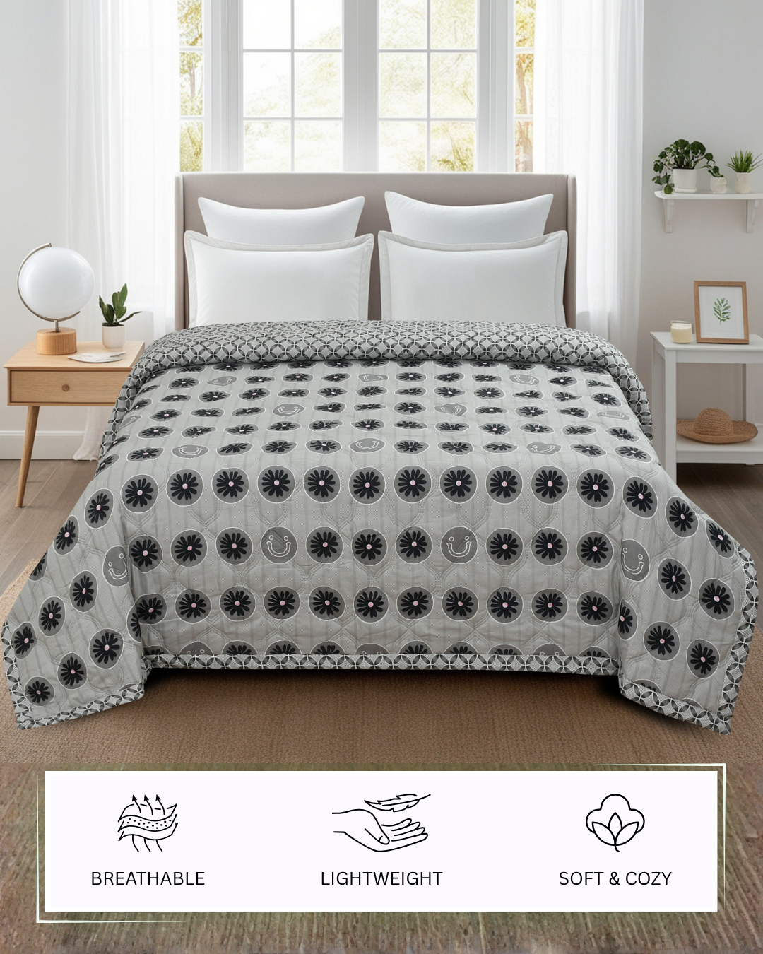 Furnofy 200 GSM Premium King Size Reversible Comforter/Quilt (220x224 cm) - Microfiber, Pack of 1, Abstract Black