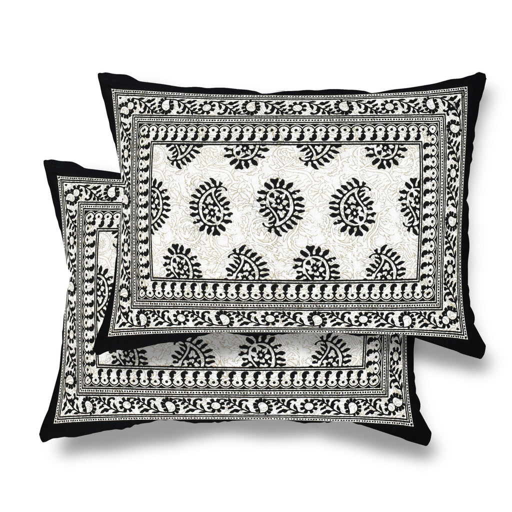 Furnofy 100% Cotton Traditional Jaipuri Print King Size Bedsheet (90x108 Inches) with 2 Matching Pillow Covers – Flat, Black Keri
