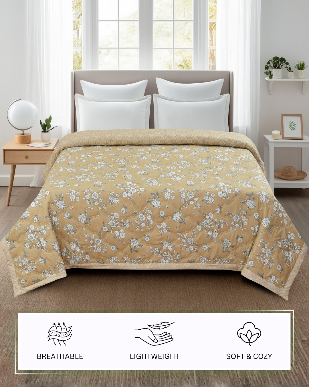 Furnofy 200 GSM Premium King Size Reversible Comforter/Quilt (220x224 cm) - Microfiber, Pack of 1, Floral Brown