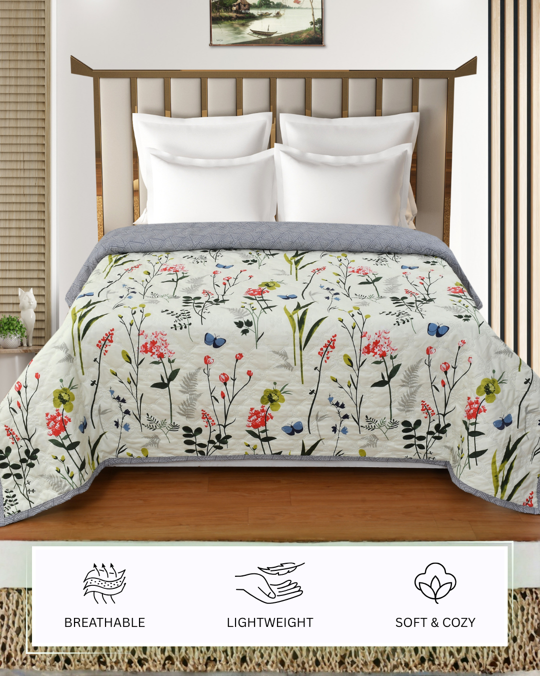 Furnofy 200 GSM Premium King Size Reversible Comforter/Quilt (220x224 cm) - Microfiber, Pack of 1, Floral White