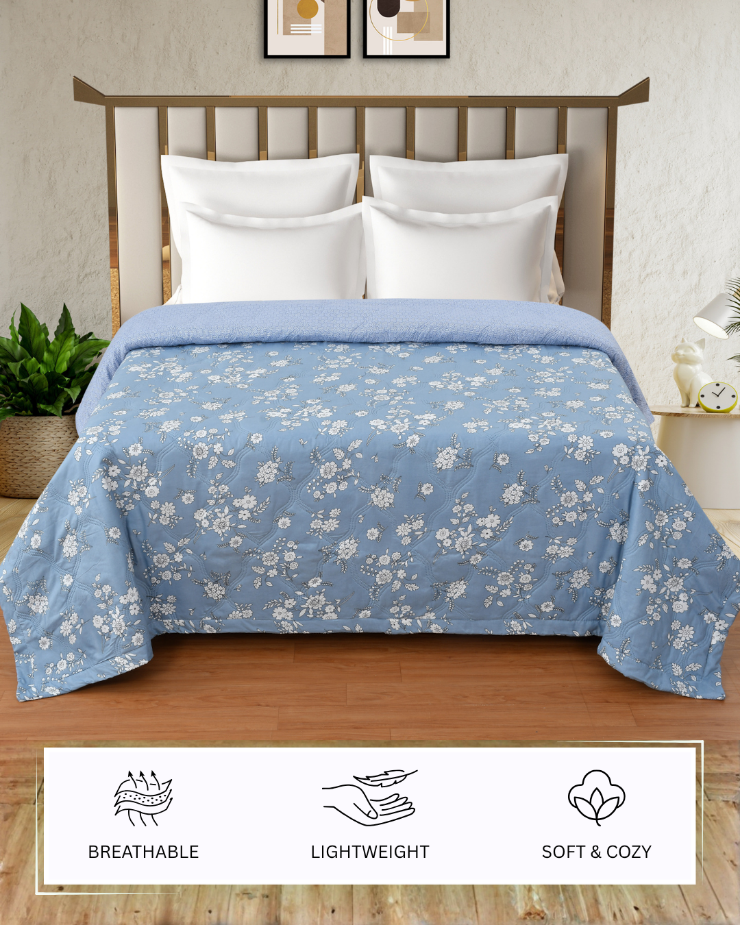 Furnofy 200 GSM Premium King Size Reversible Comforter/Quilt (220x224 cm) - Microfiber, Pack of 1, Floral - Blue