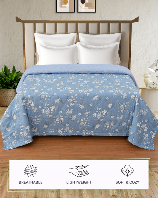 Furnofy 200 GSM Premium King Size Reversible Comforter/Quilt (220x224 cm) - Microfiber, Pack of 1, Floral - Blue