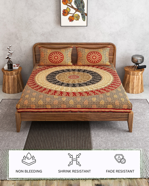 Furnofy 100% Cotton Traditional Jaipuri Print King Size Bedsheet (90x108 Inches) with 2 Matching Pillow Covers – Flat, Maroon