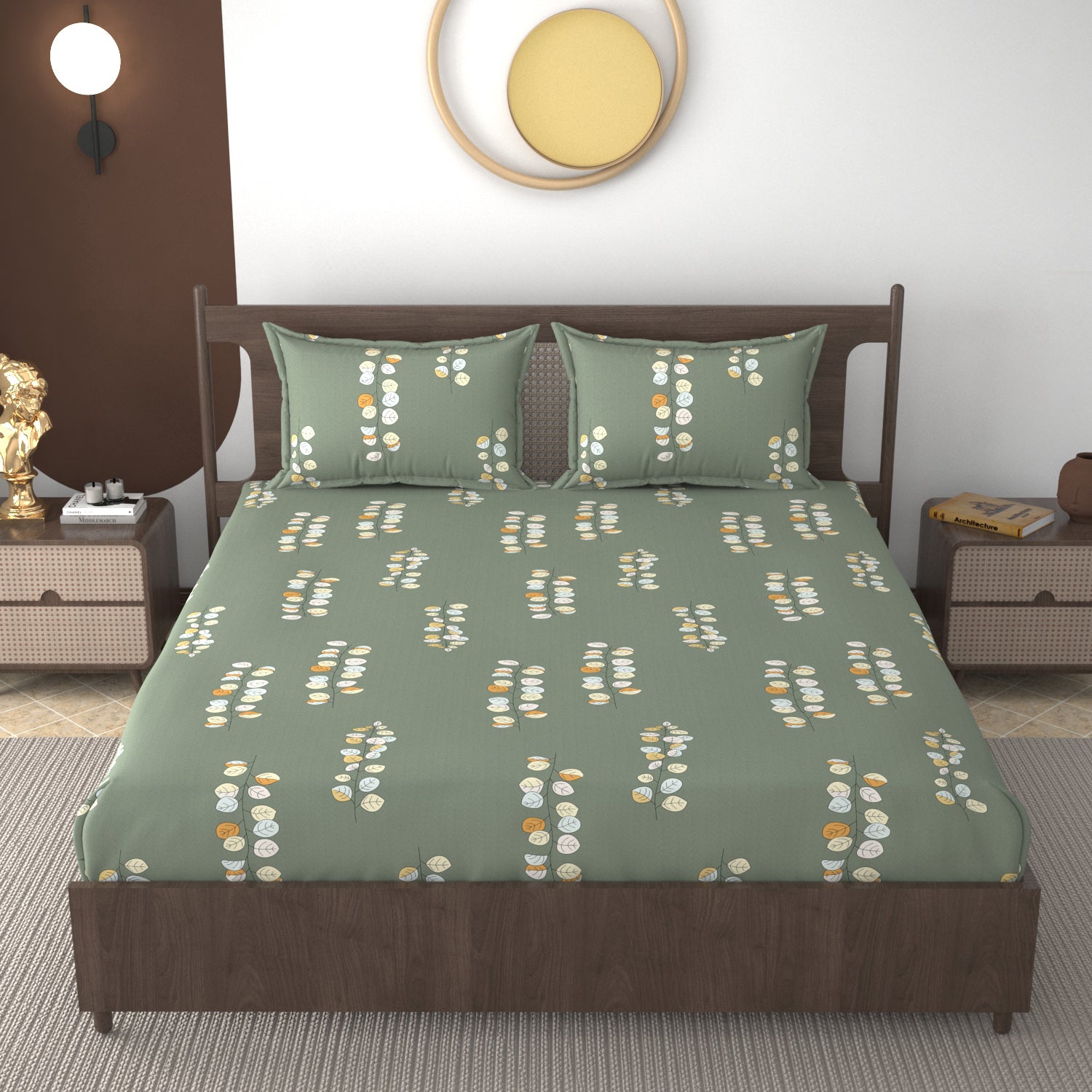 Furnofy 140 GSM Flat King Size Bedsheet (108 x 108 inches) with 2 Pillow Covers (18 x 27 inches) - Abstract Green