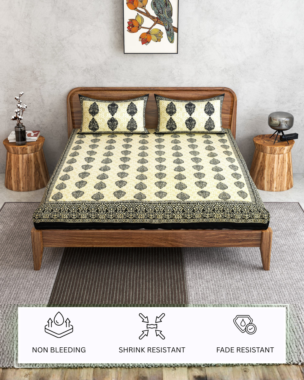 Furnofy 100% Cotton Traditional Jaipuri Print King Size Bedsheet (90x108 Inches) with 2 Matching Pillow Covers – Flat, Black & White