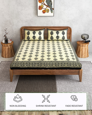 Furnofy 100% Cotton Traditional Jaipuri Print King Size Bedsheet (90x108 Inches) with 2 Matching Pillow Covers – Flat, Black & White