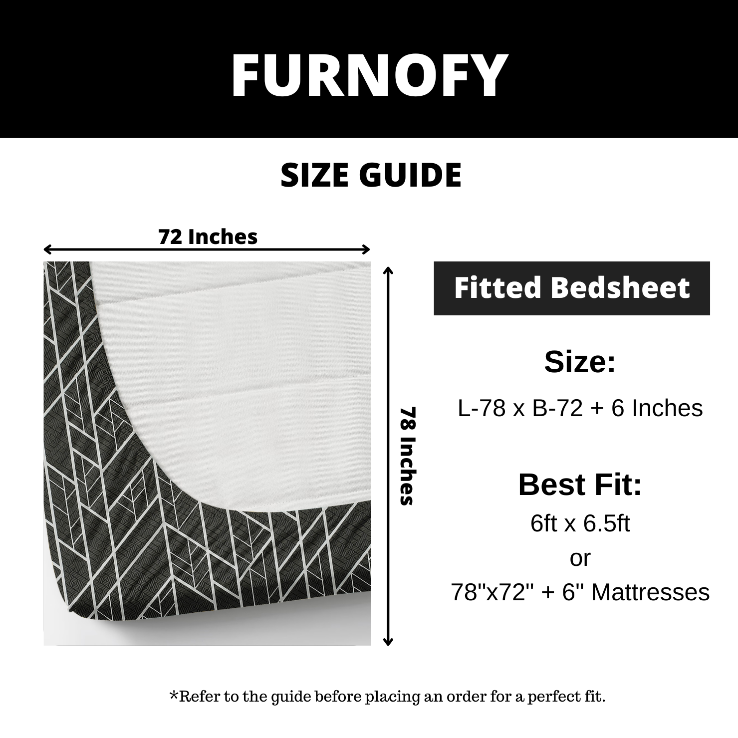 Furnofy Premium Fitted Double Bedsheet with 2 Pillow Covers (L-78" x B-72" + 6" Pocket) - Fitted, White & Black