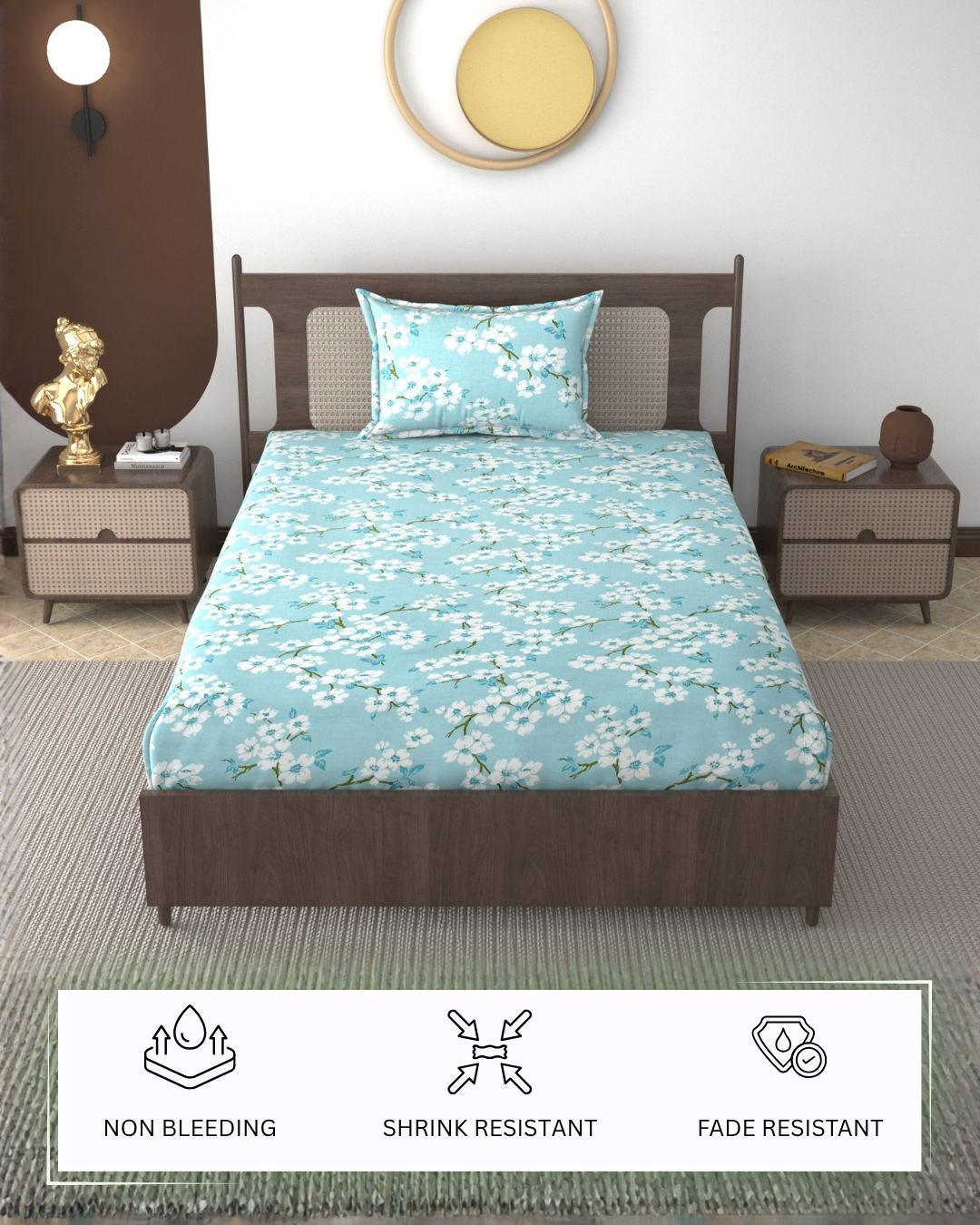 Furnofy 140 GSM Flat Single Bedsheet (60x90 inches) with 1 Pillow Cover (18x 27 inches) - Abstract Sky Blue