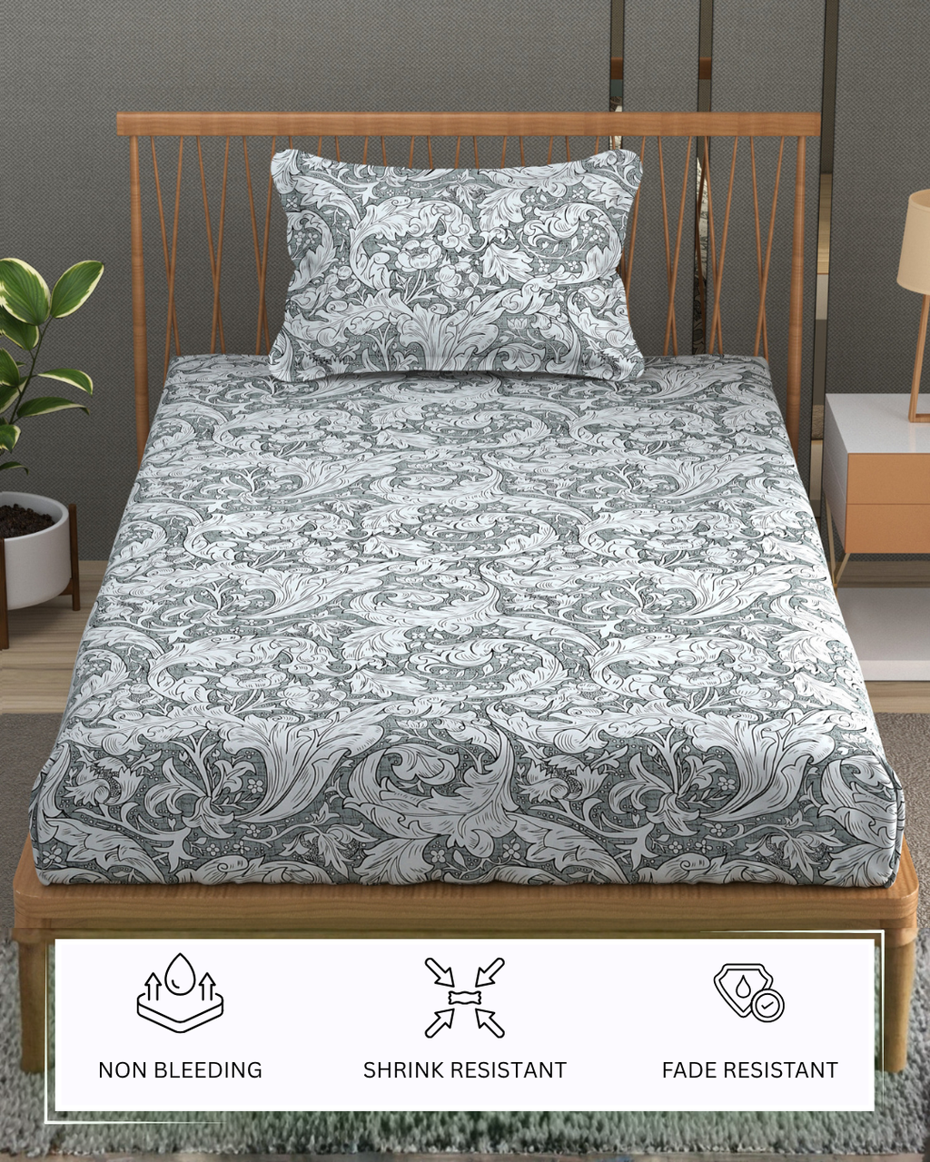 Furnofy 140 GSM Flat Single Bedsheet (60x90 inches) with 1 Pillow Cover (18x 27 inches) -Combination Of Light White And Grey.
