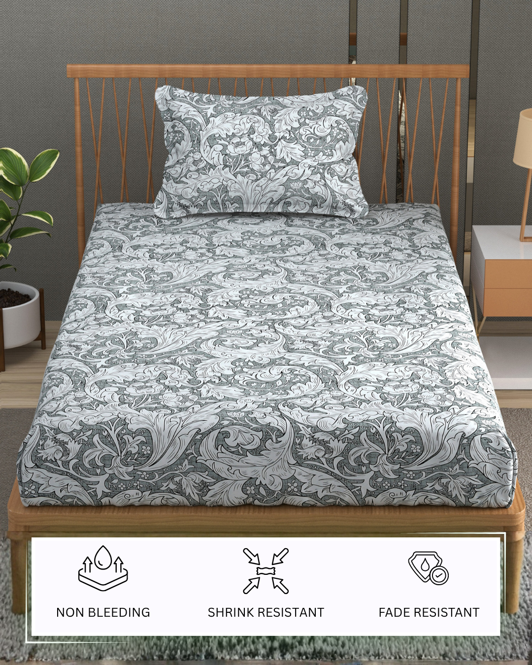 Furnofy 140 GSM Flat Single Bedsheet (60x90 inches) with 1 Pillow Cover (18x 27 inches) -Combination Of Light White And Grey.