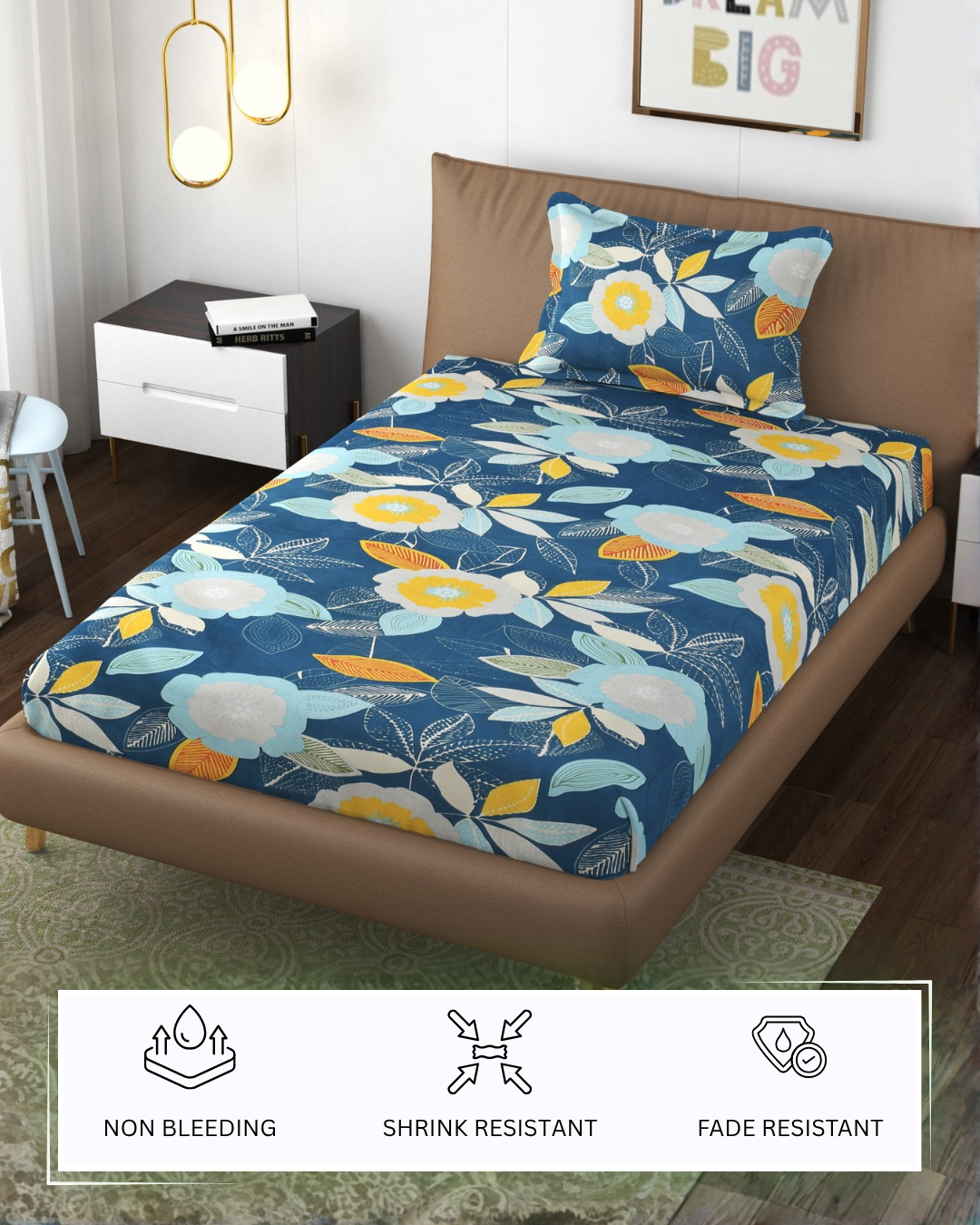 Furnofy 140 GSM Elastic Fitted Single Bedsheet (78 * 48 inches with 6" to 8" Pocket Size) with 1 Pillow Cover (18x 27 inches) - Floral Multicolors