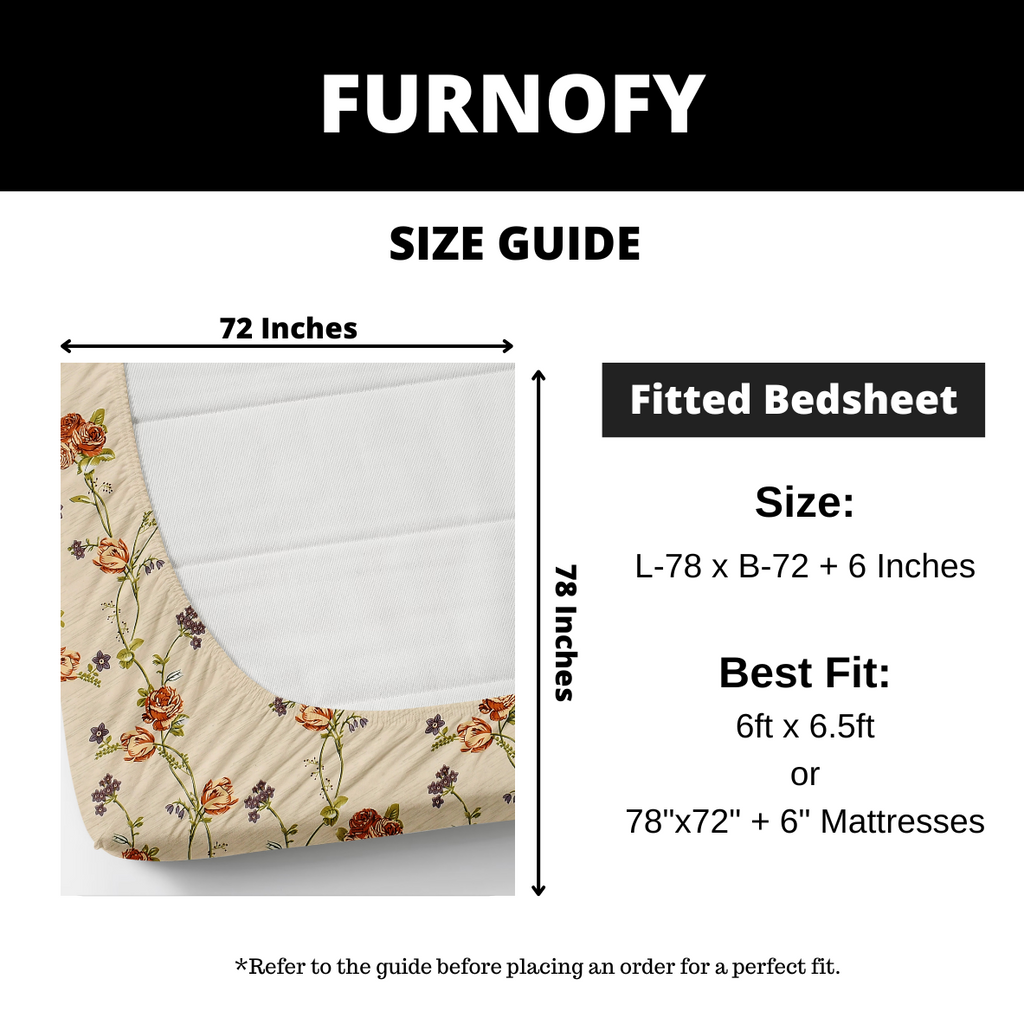 Furnofy 140 GSM Fitted Bedsheet (L-78 x B-72 + 6" Pocket) with 2 Pillow Covers - Fitted, Floral Print, Soft & Stretchable