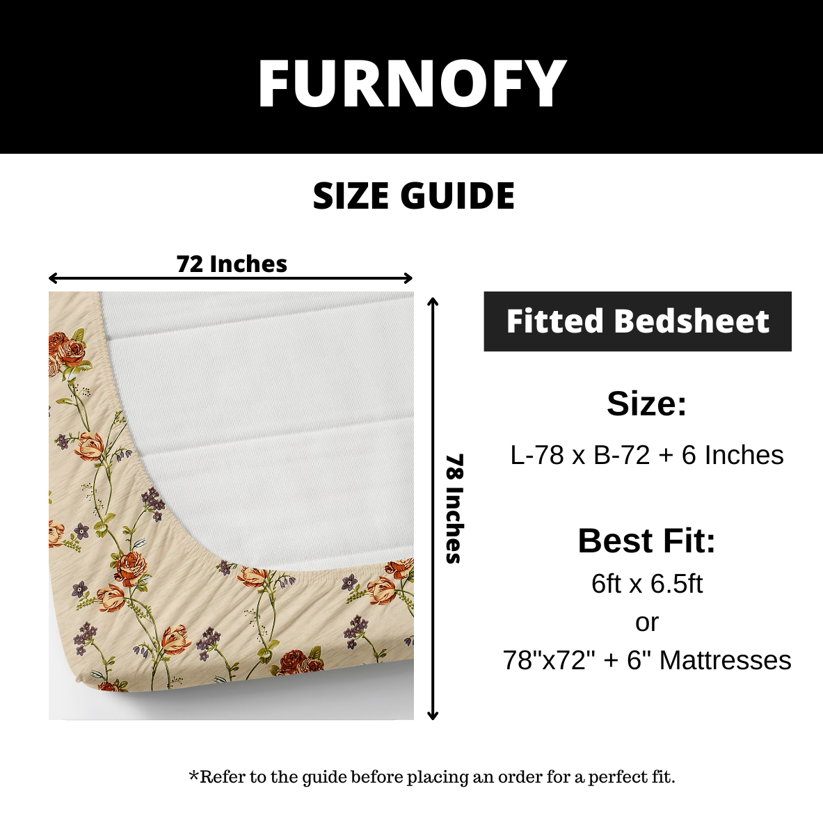 Furnofy 140 GSM Fitted Bedsheet (L-78 x B-72 + 6" Pocket) with 2 Pillow Covers - Fitted, Floral Print, Soft & Stretchable